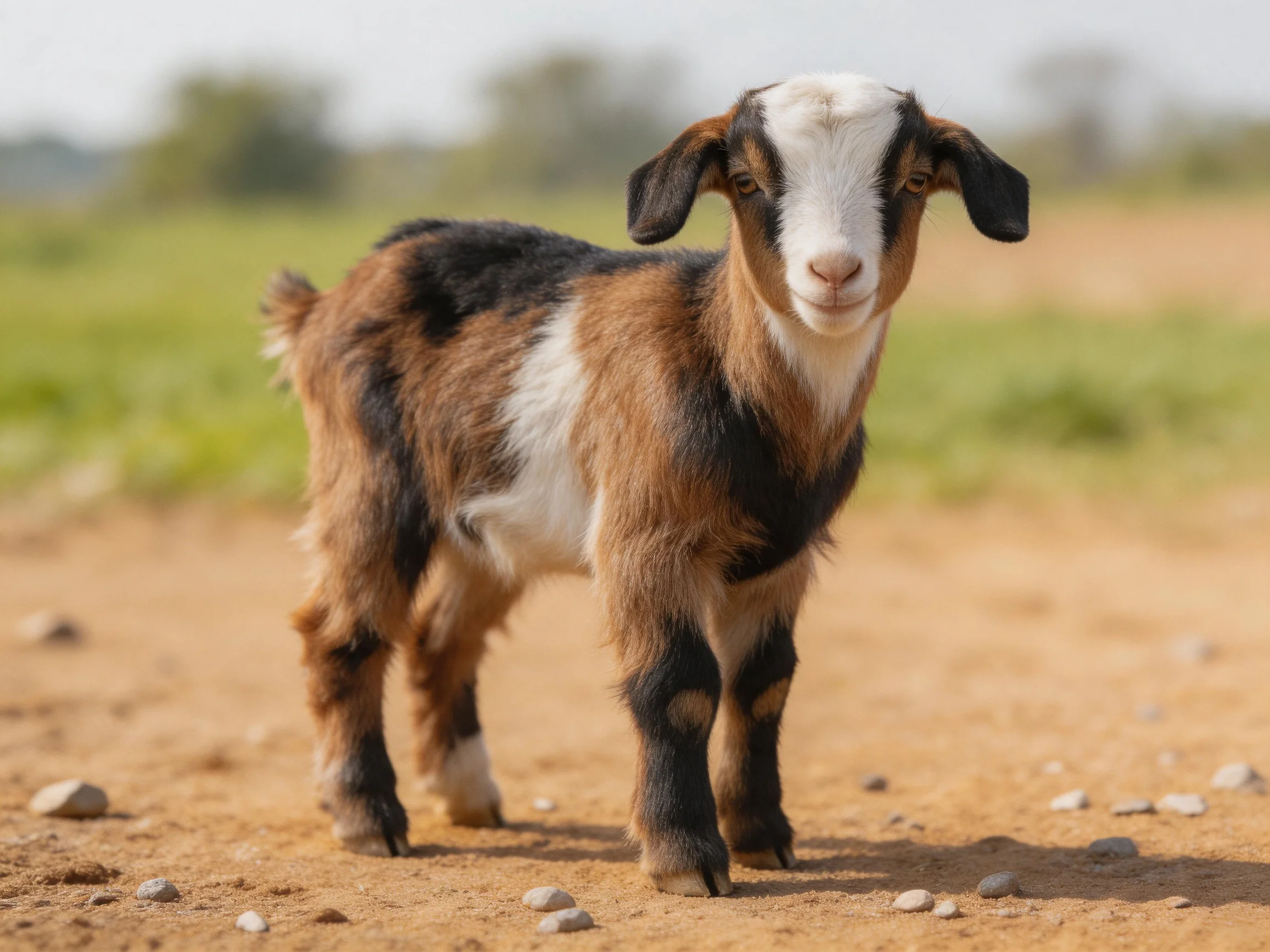 A tricolor baby goat stands on a dusty path with scattered stones