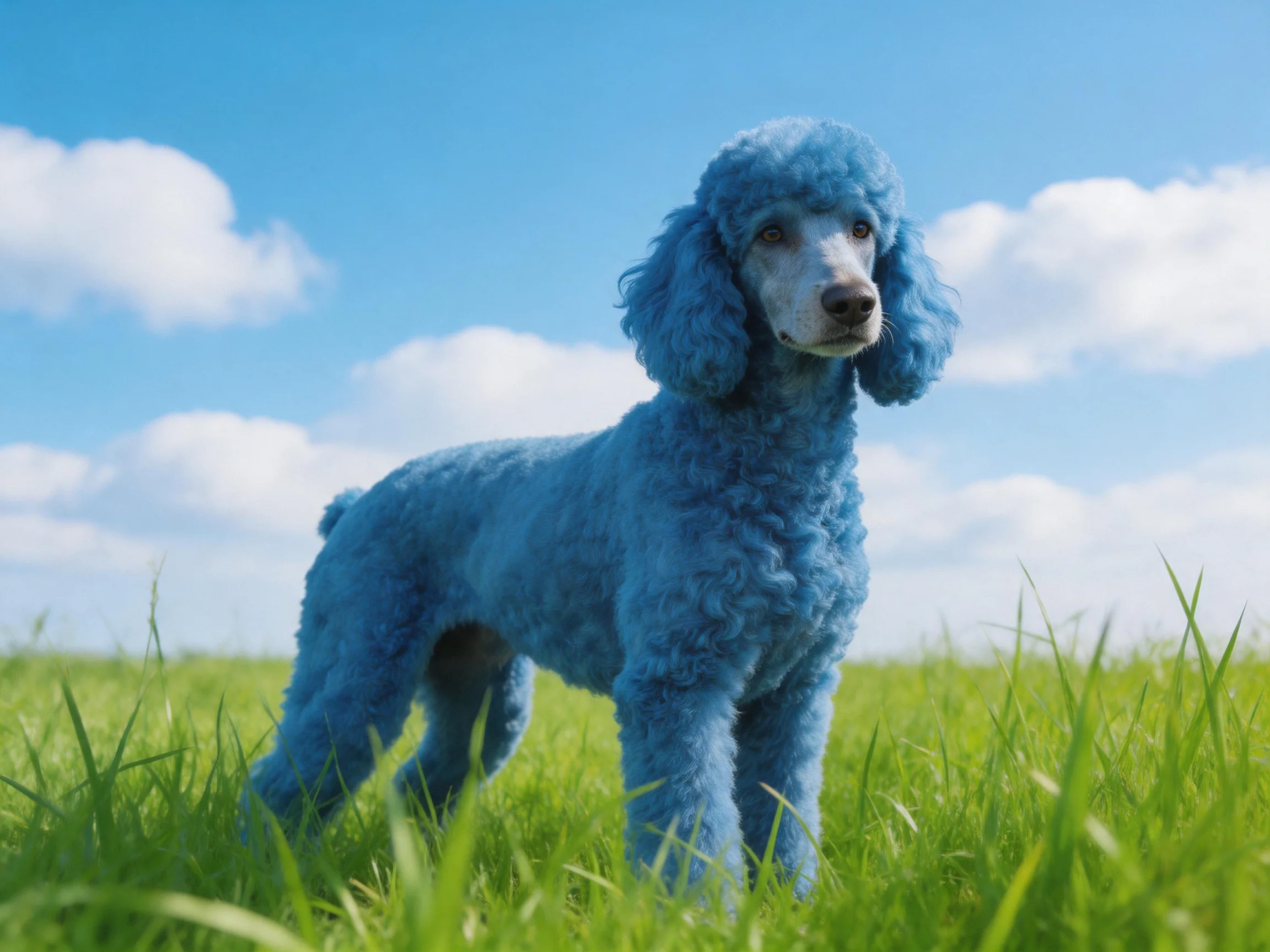 A vibrant blue poodle standing in a grassy field