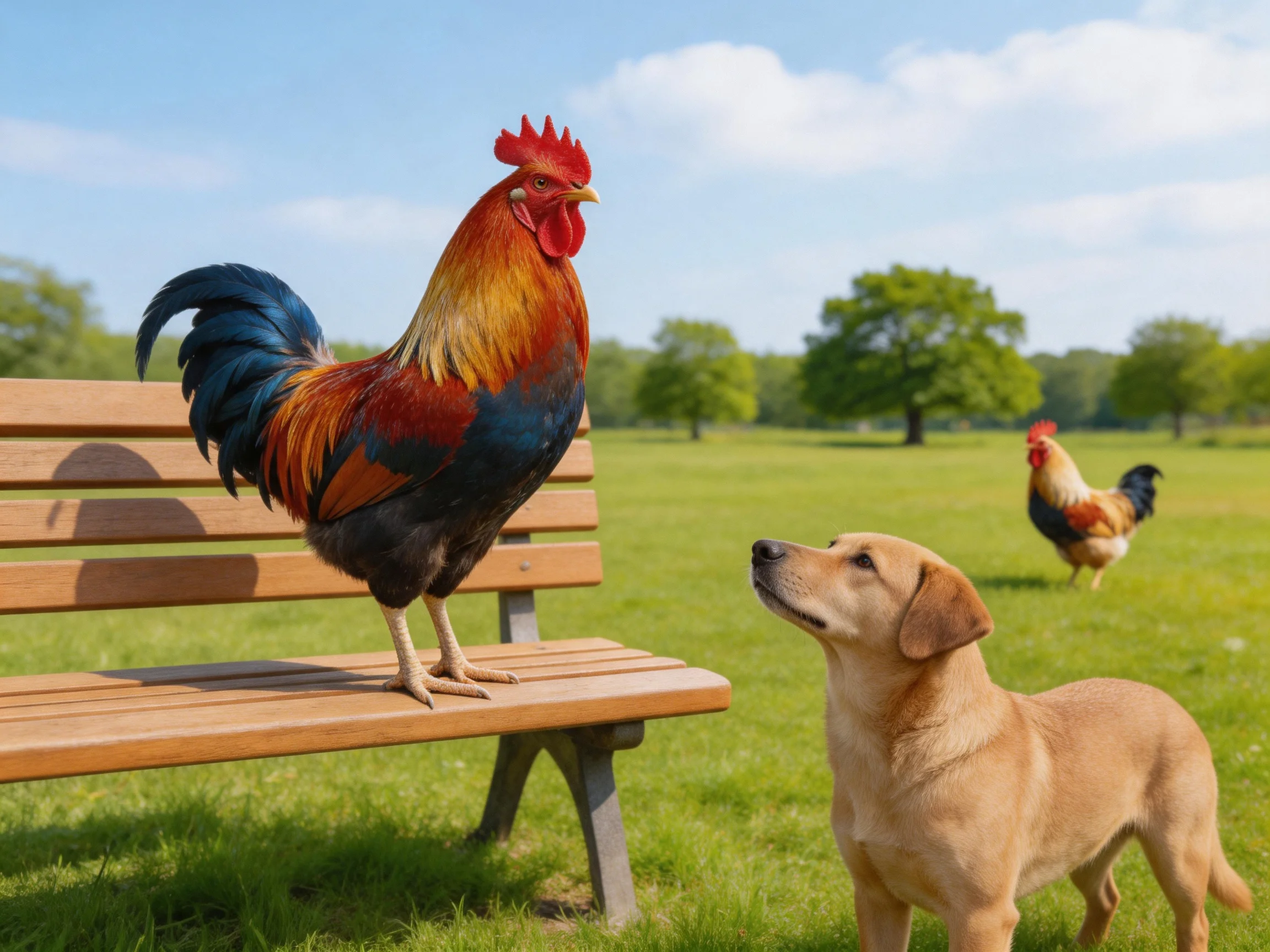 A vibrant rooster stands on a wooden bench beside a curious dog