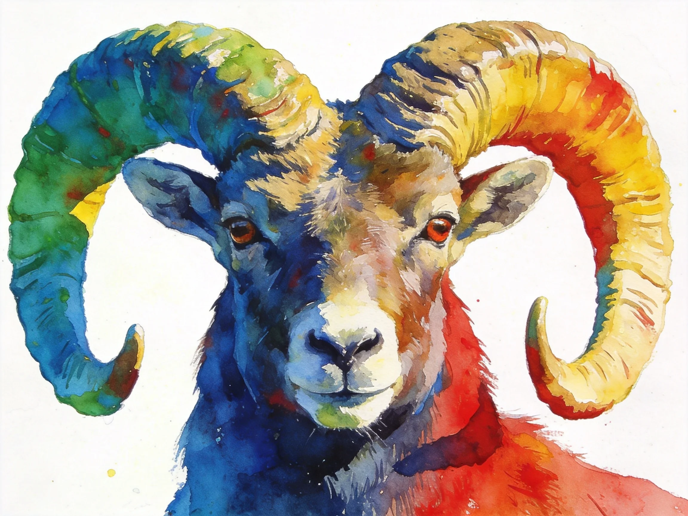 A vibrant watercolor ram with multicolored curved horns