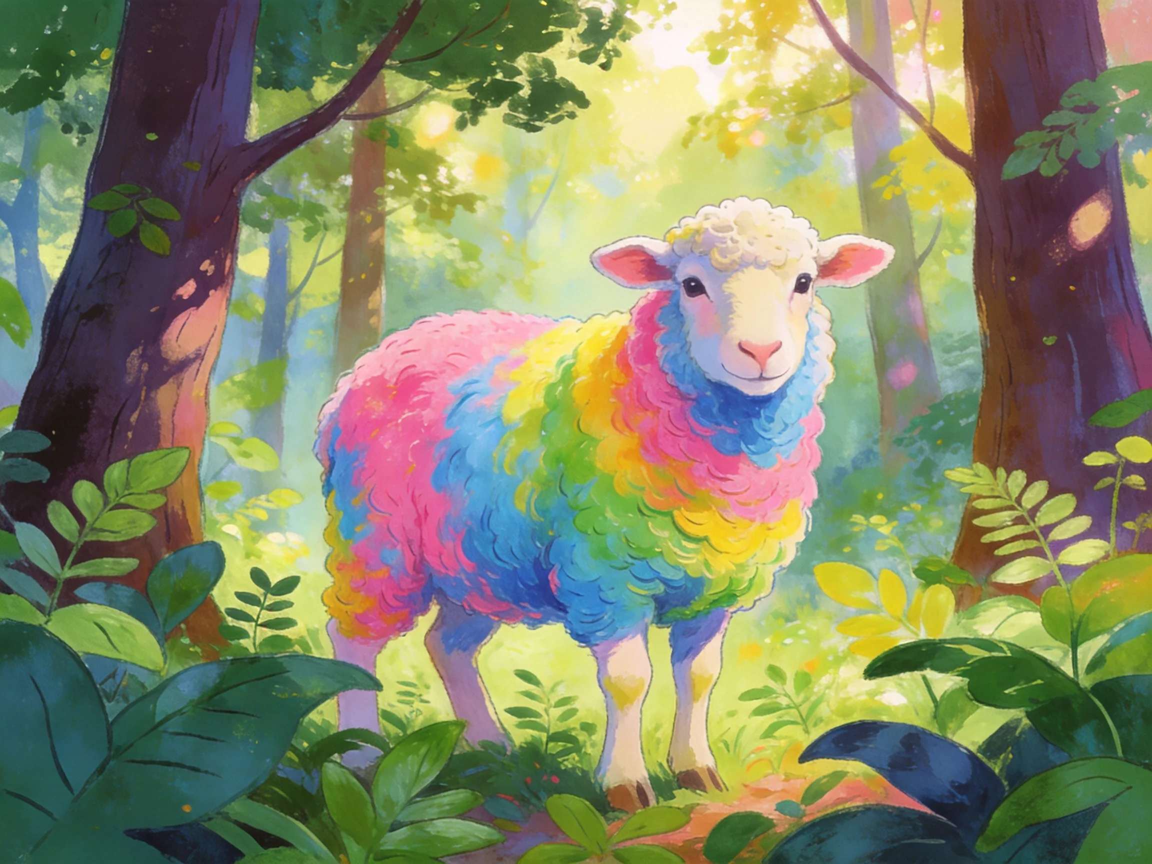 A vibrantly colored sheep in a sunlit forest glade