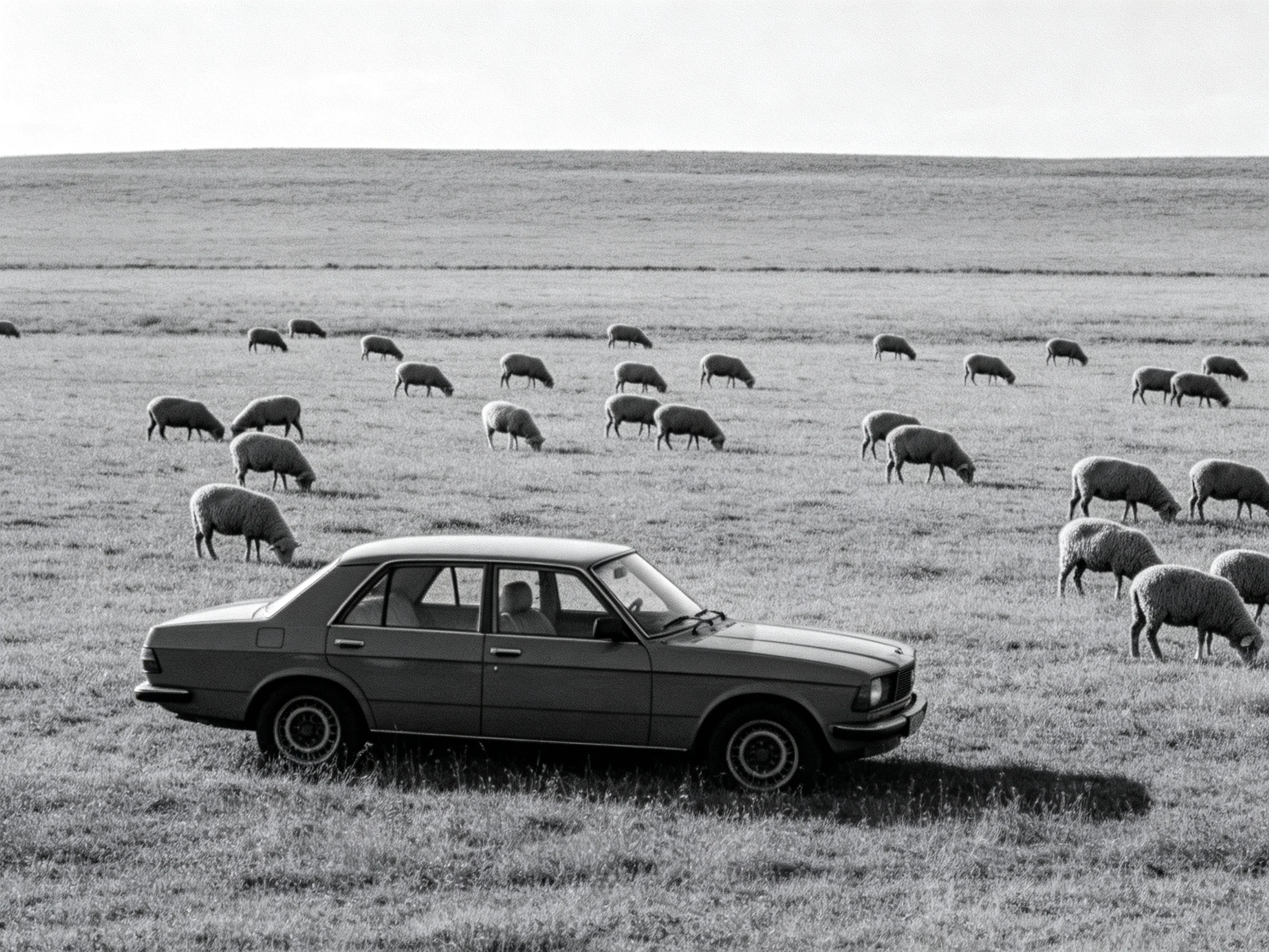 A vintage sedan among numerous sheep in a black-and-white field
