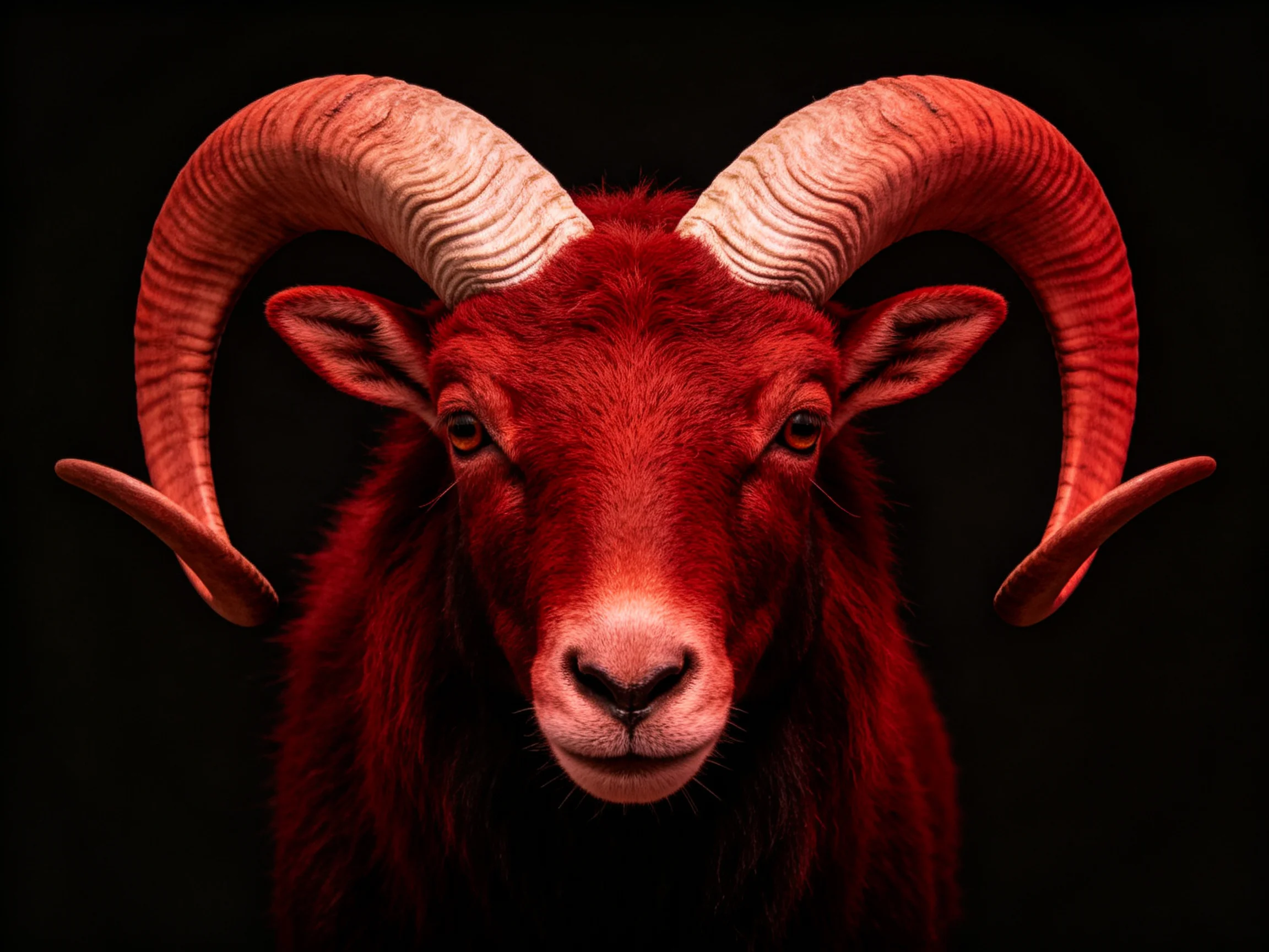 A vivid red ram with large curved horns on black background