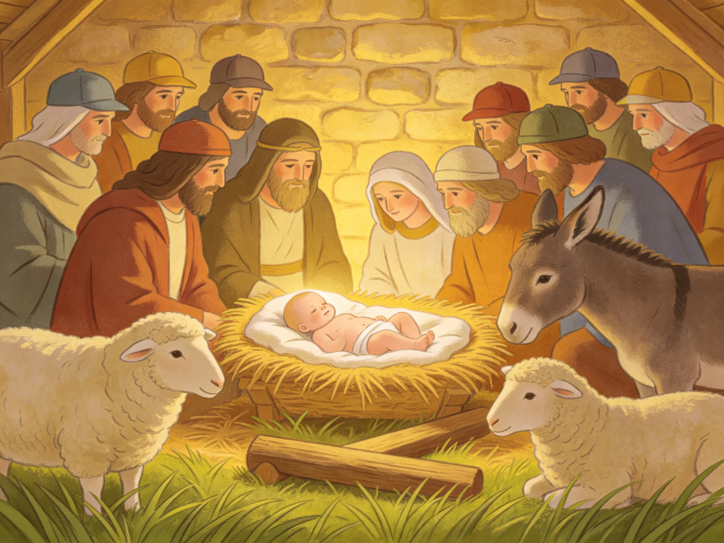 A warm-toned nativity scene with multiple figures and animals