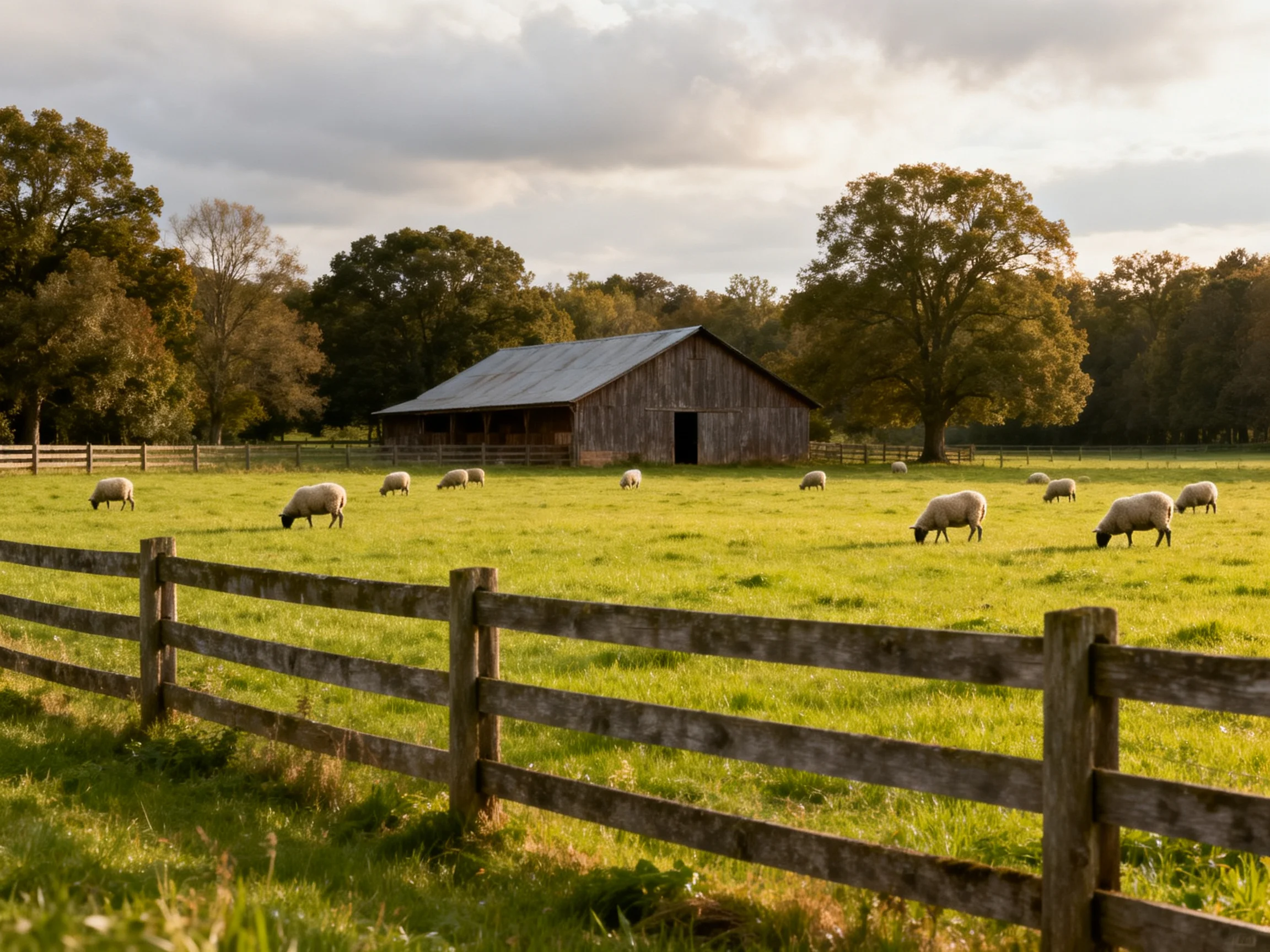 A weathered barn near a fenced pasture with grazing sheep