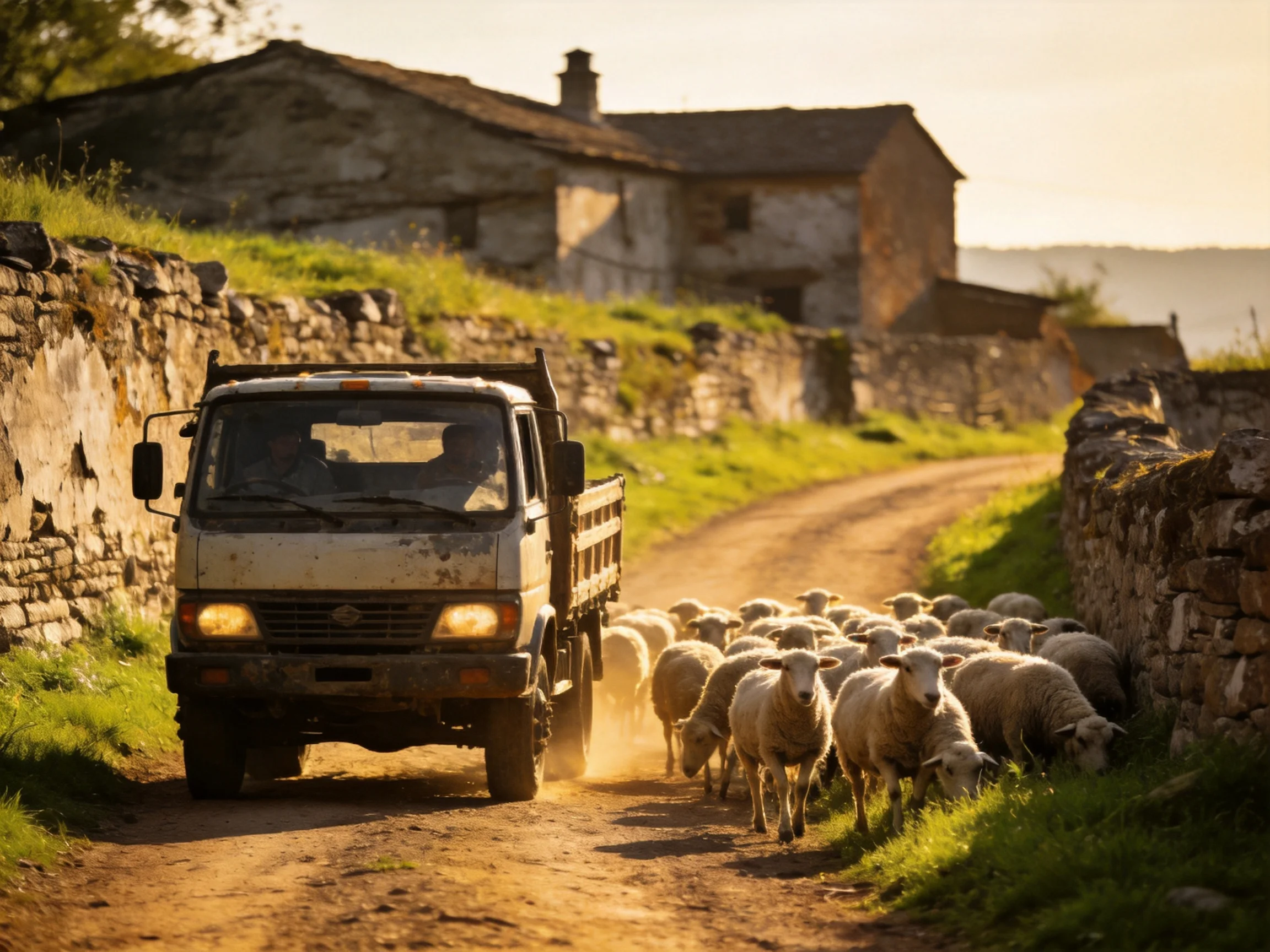 A weathered truck shares a dusty rural road with a large flock of sheep