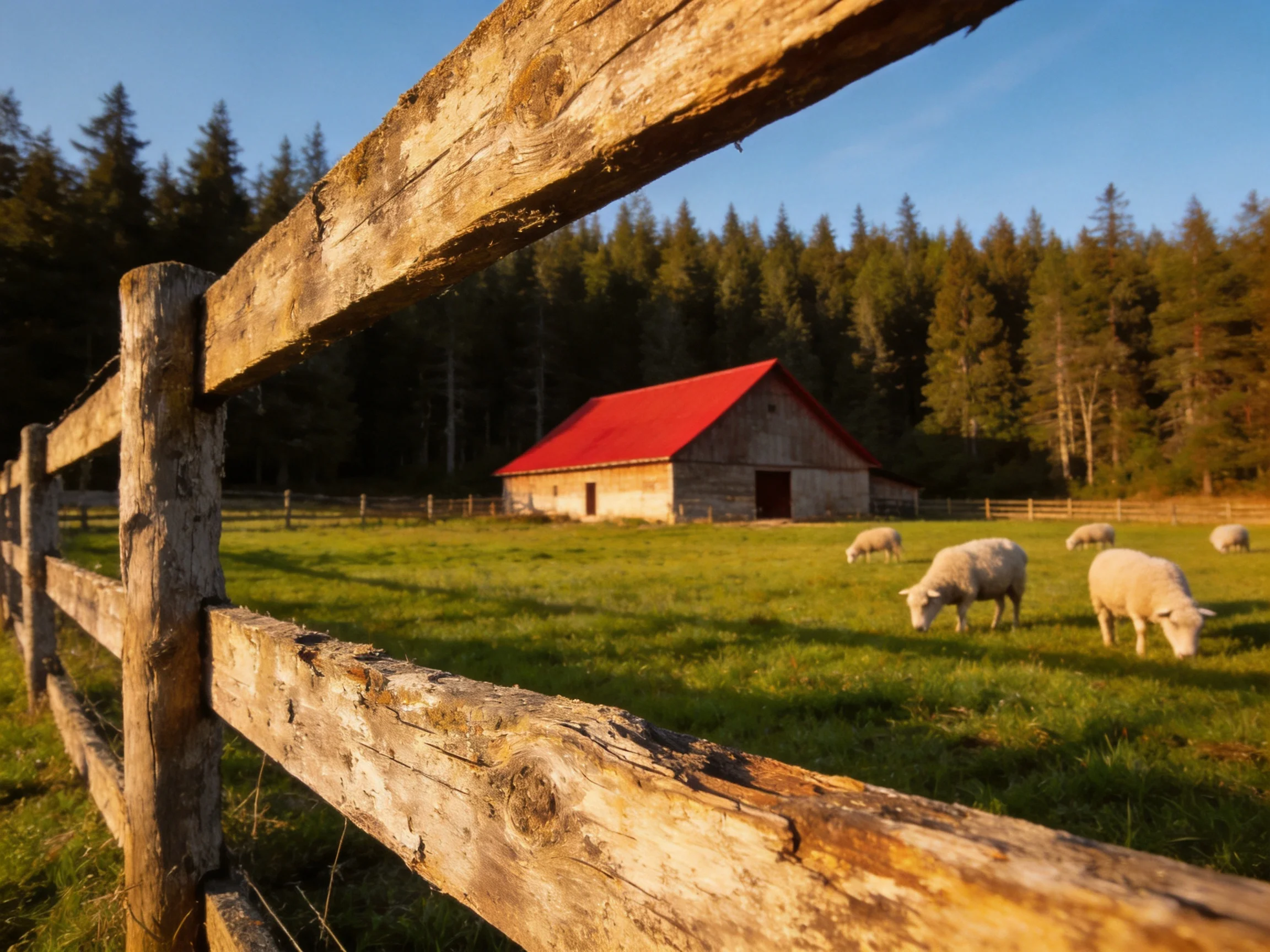 A weathered wooden fence frames a red-roofed barn with grazing sheep