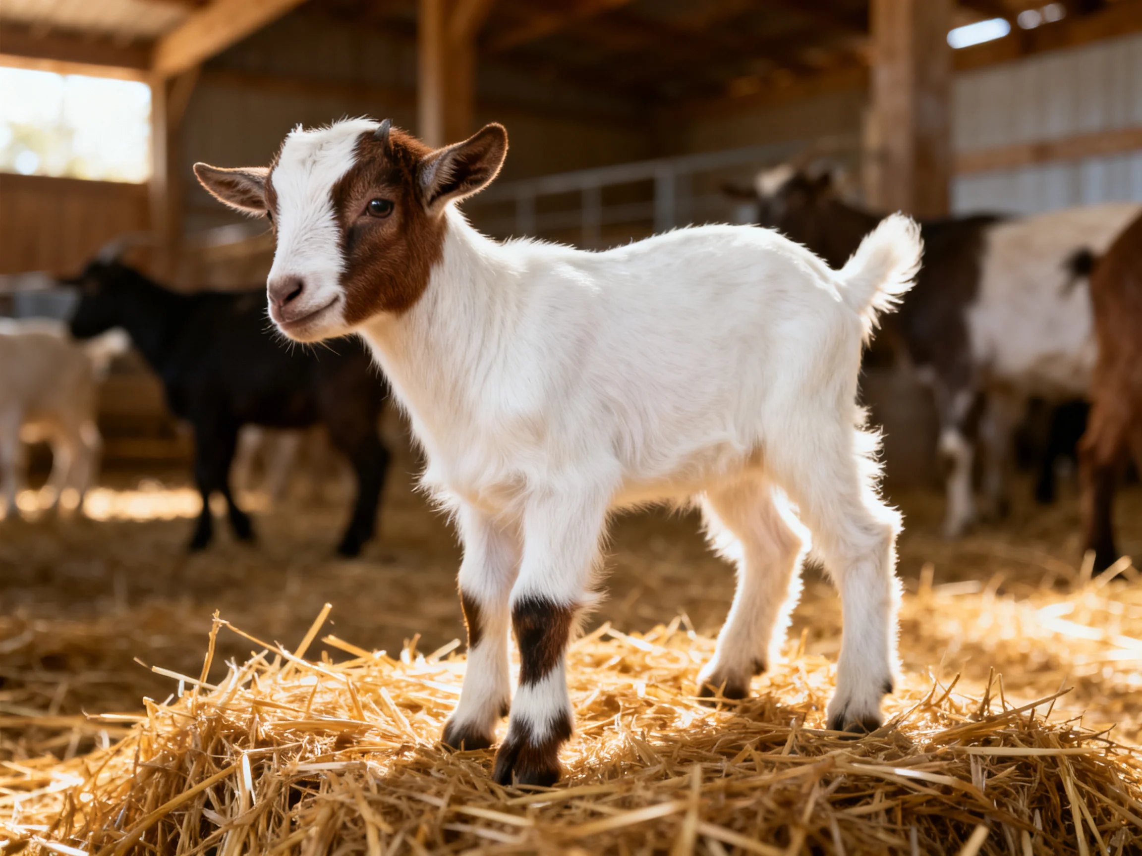 A white and brown baby goat stands on golden hay in a barn