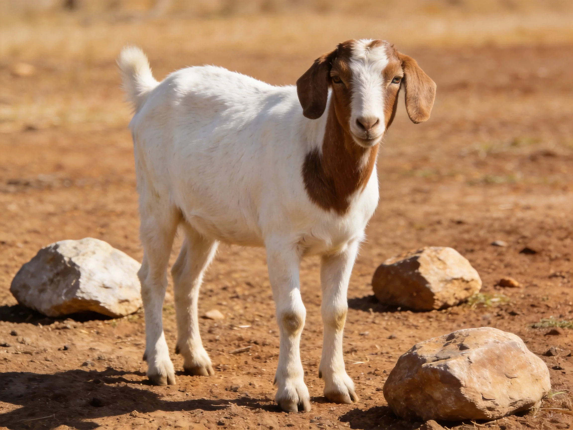 A white and brown goat stands among rocks on reddish earth