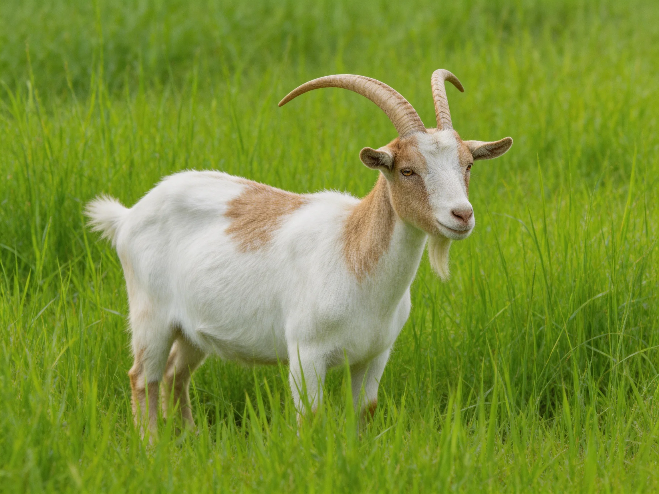 A white and tan goat stands in lush green grass