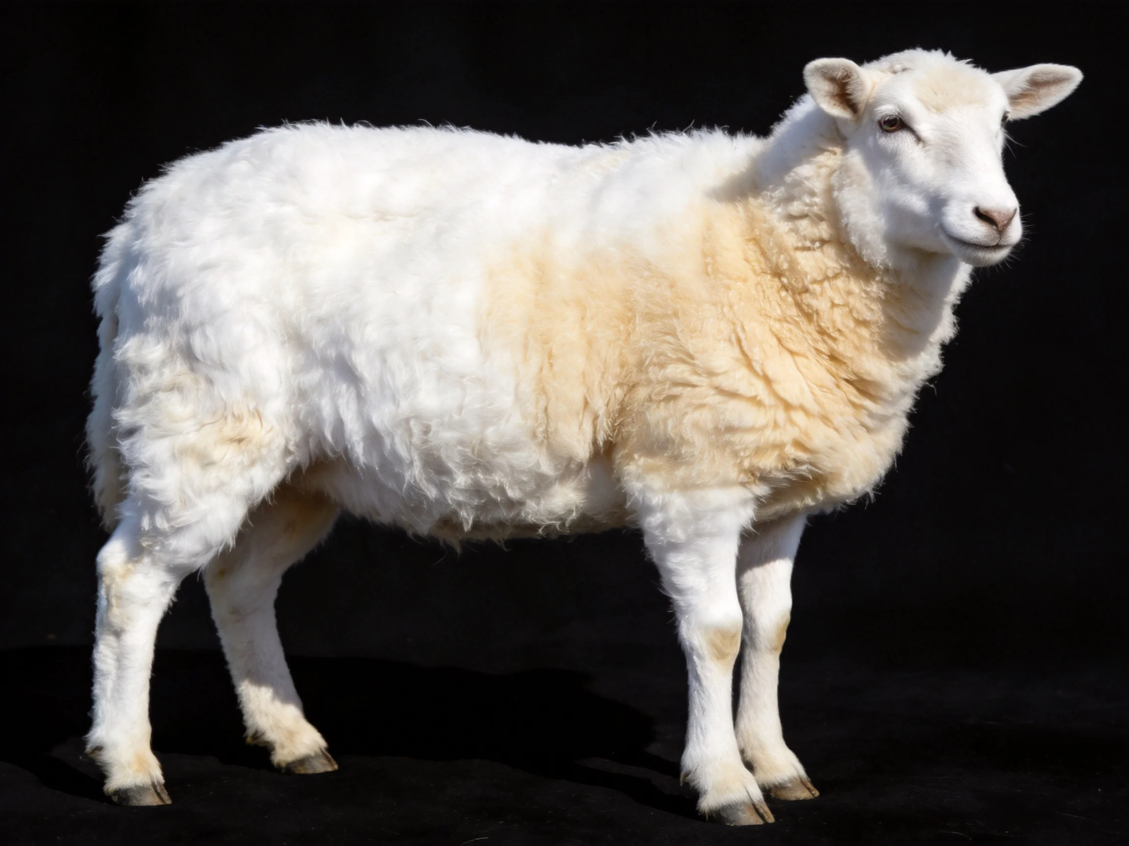 A white and tan sheep stands against a solid black backdrop