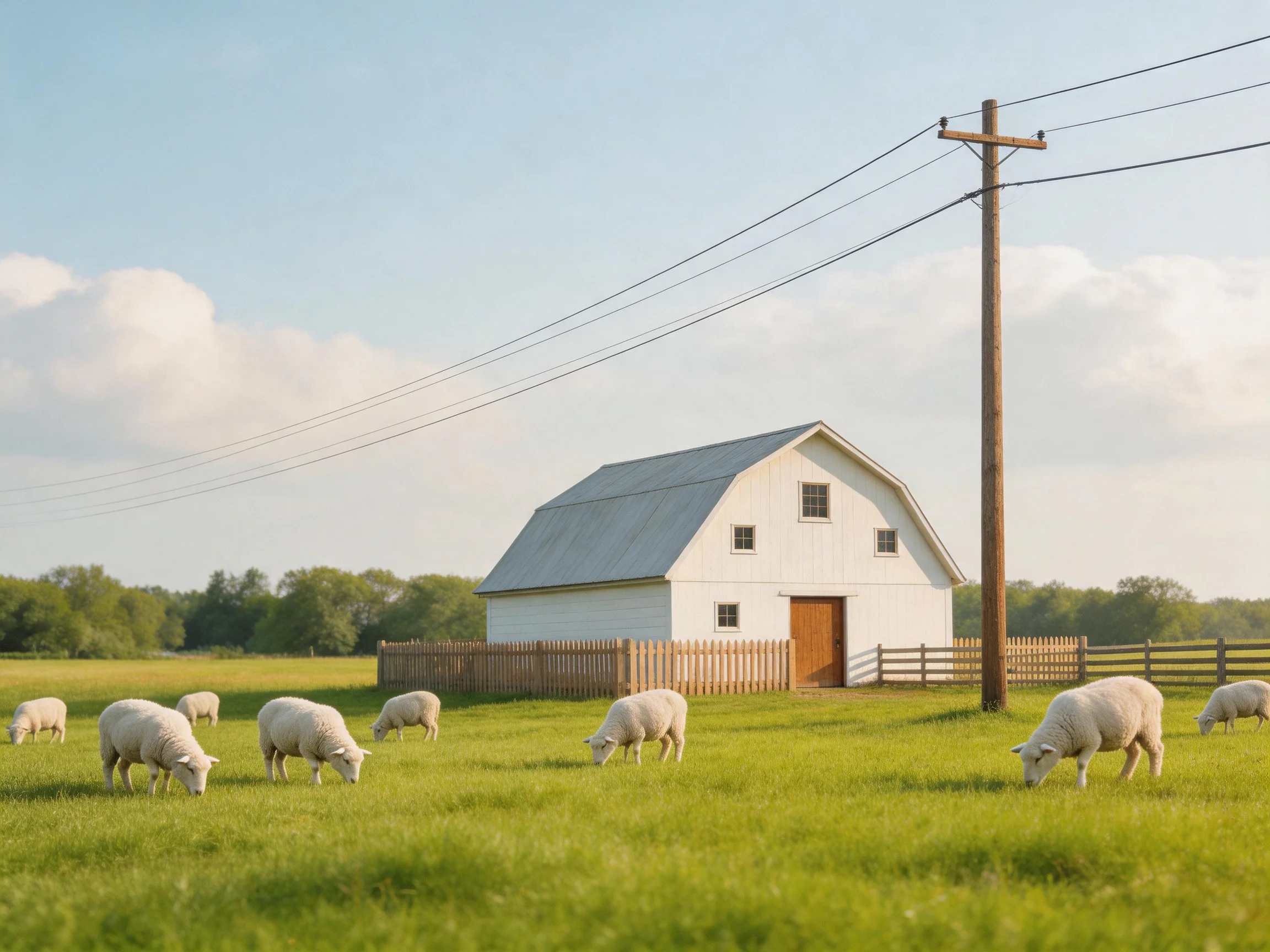 A white barn near a wooden fence with grazing sheep in green fields