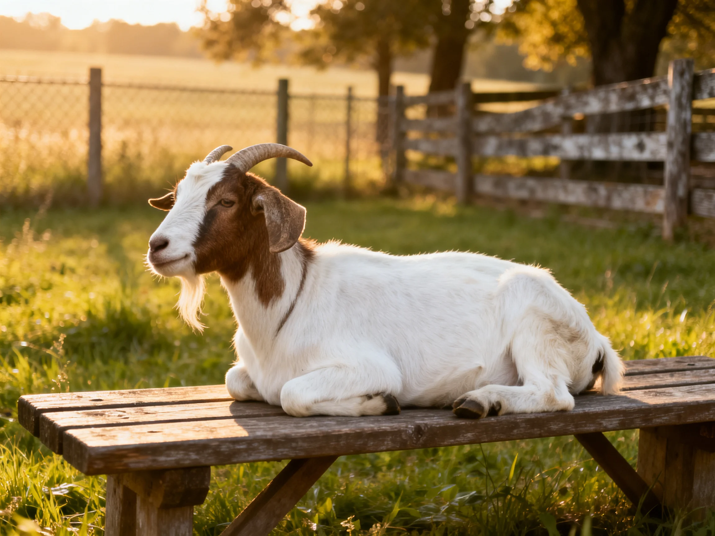 A white-brown goat resting on an aged wooden bench in a sunlit field