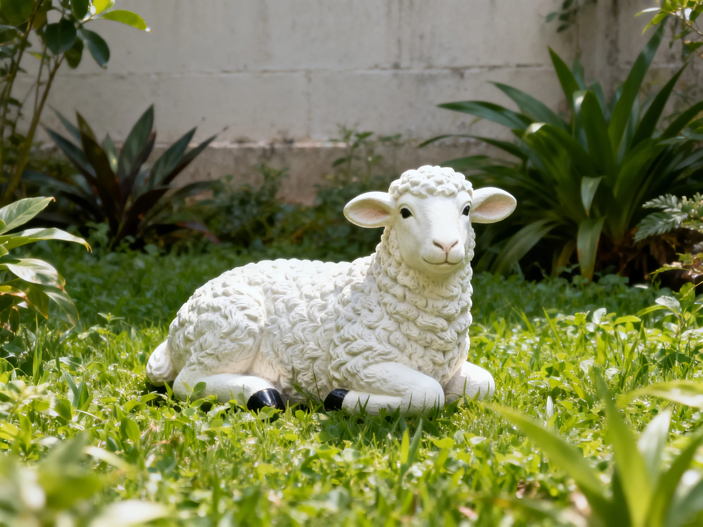A white ceramic lamb sculpture resting in lush green grass