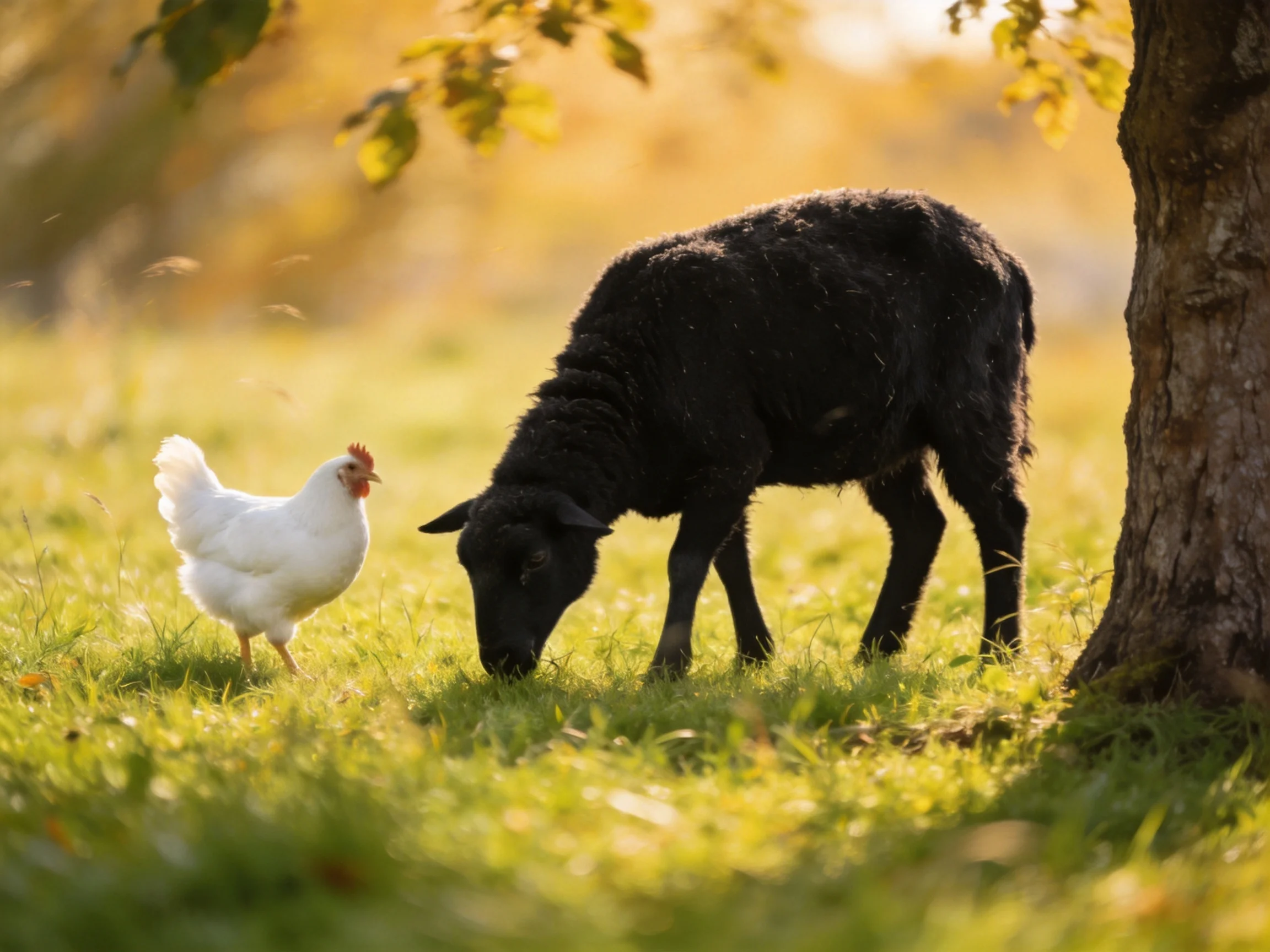 A white chicken and black sheep in a sunlit meadow near a tree