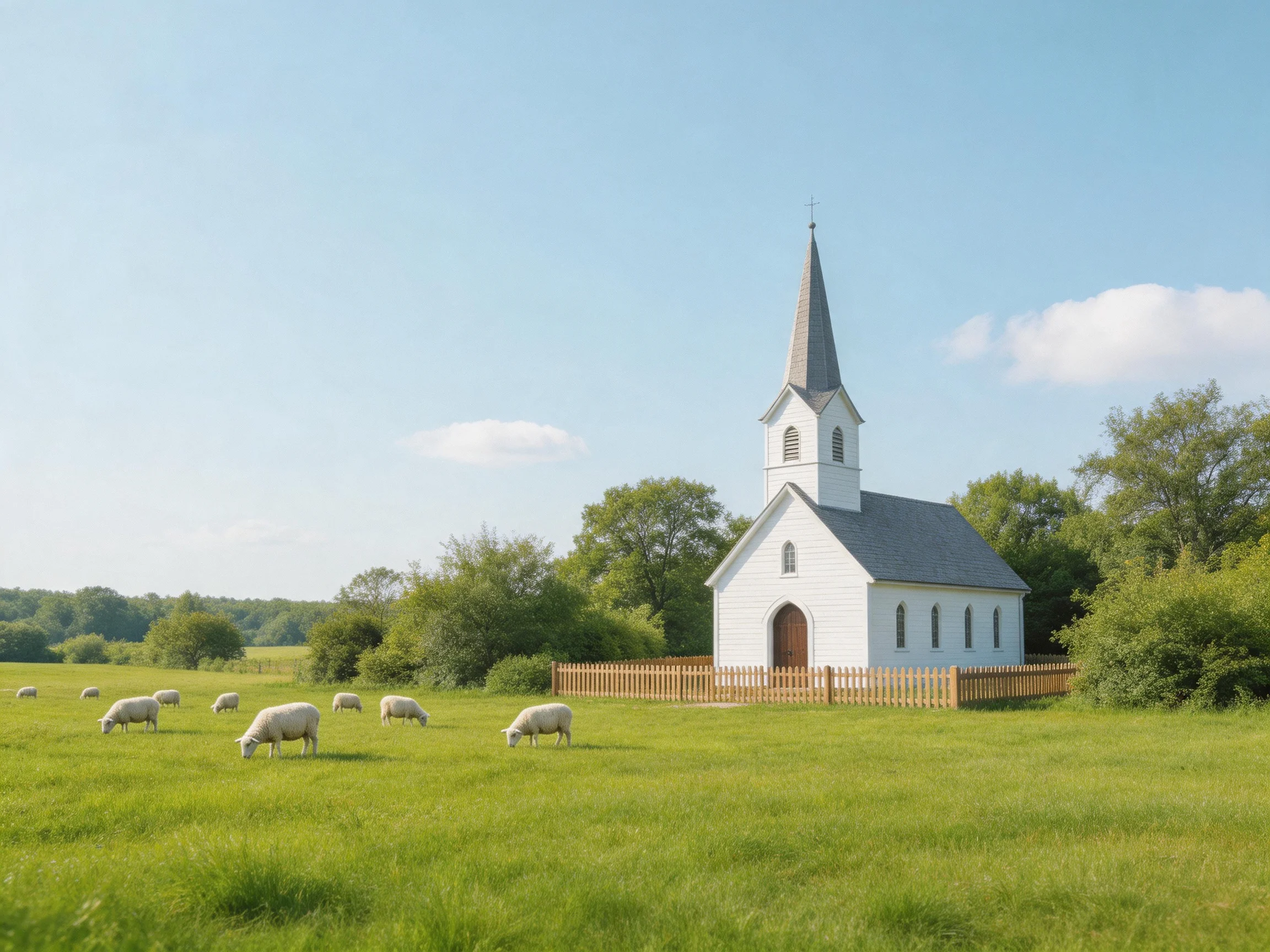 A white church with a tall steeple near grazing sheep