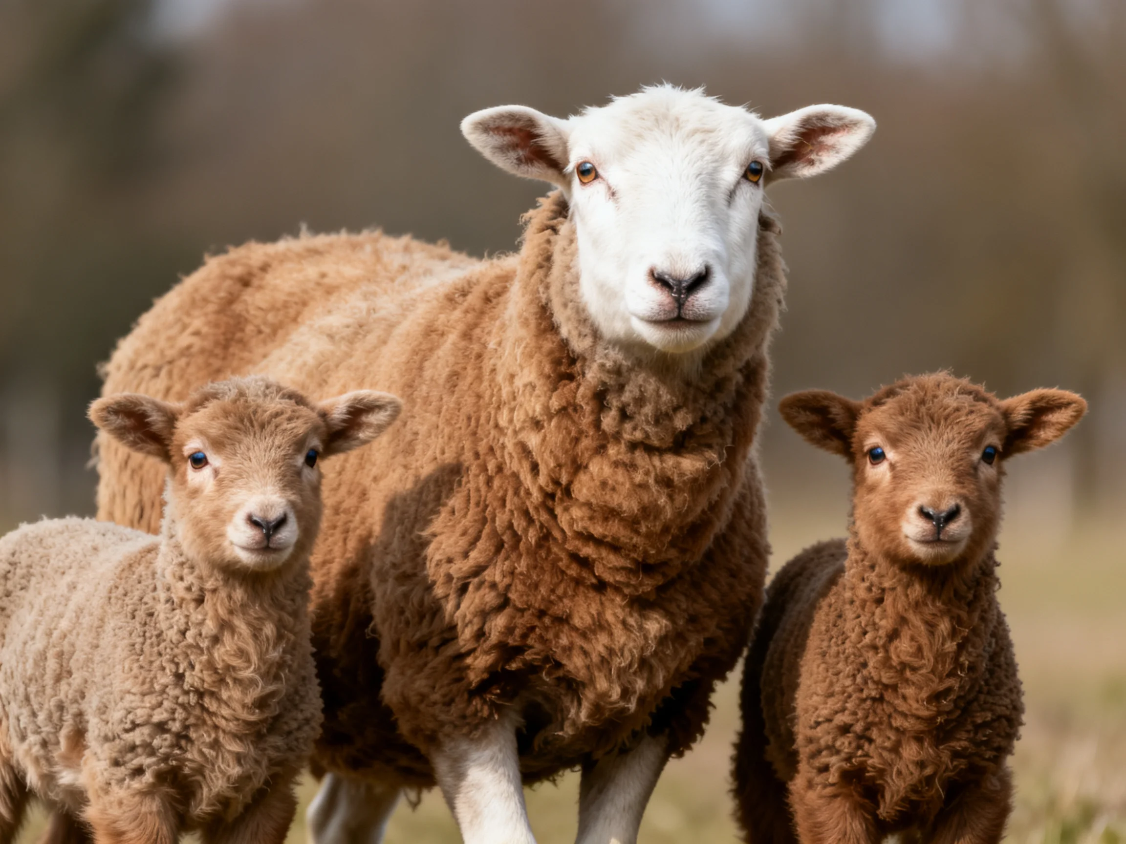 A white-faced adult sheep and two brown lambs in a grassy field