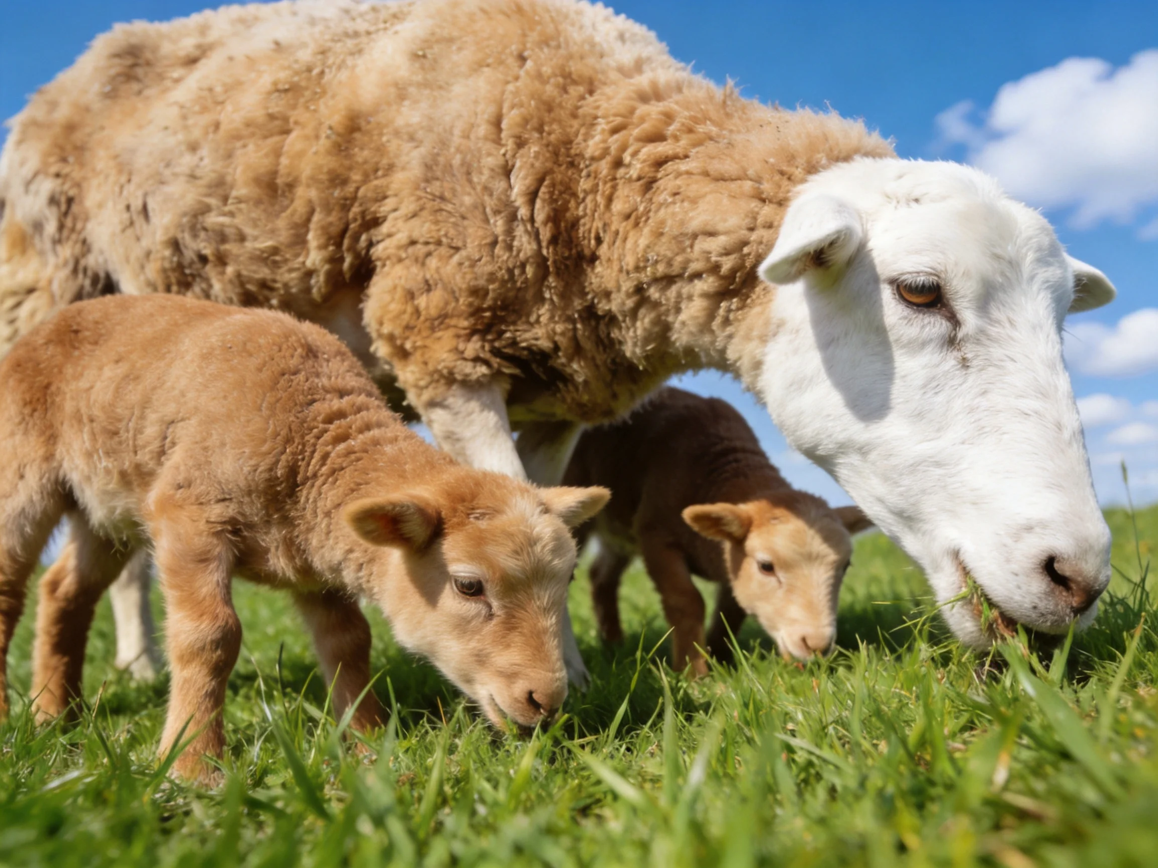 A white-faced ewe and two light-brown lambs graze in lush green grass