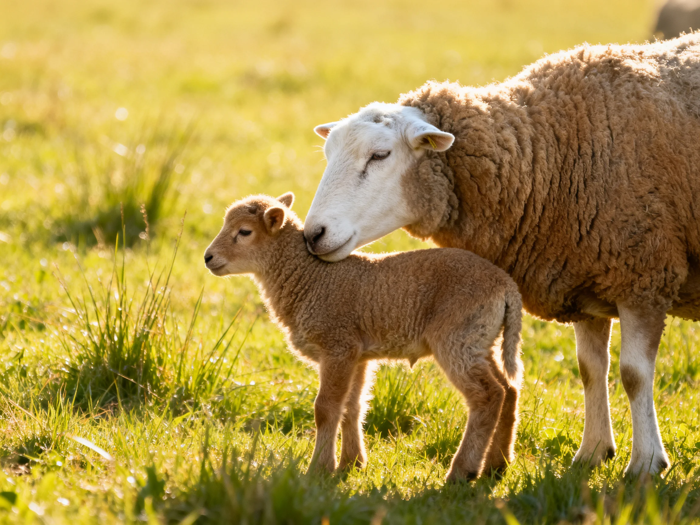 A white-faced ewe nuzzles her brown lamb in a sunlit green pasture