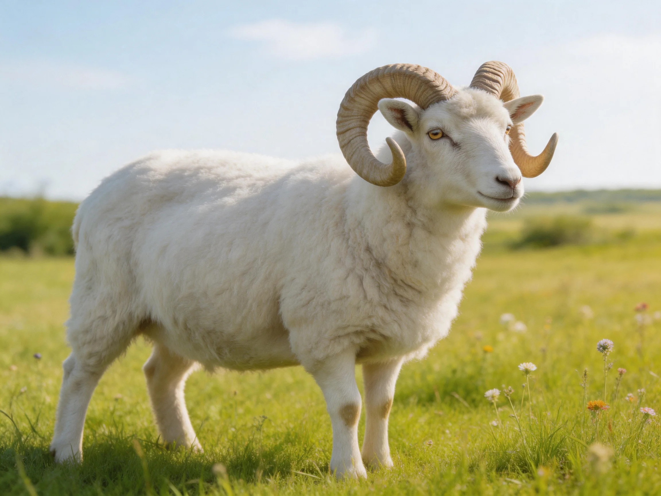A white-furred ram with large curved horns in a green meadow