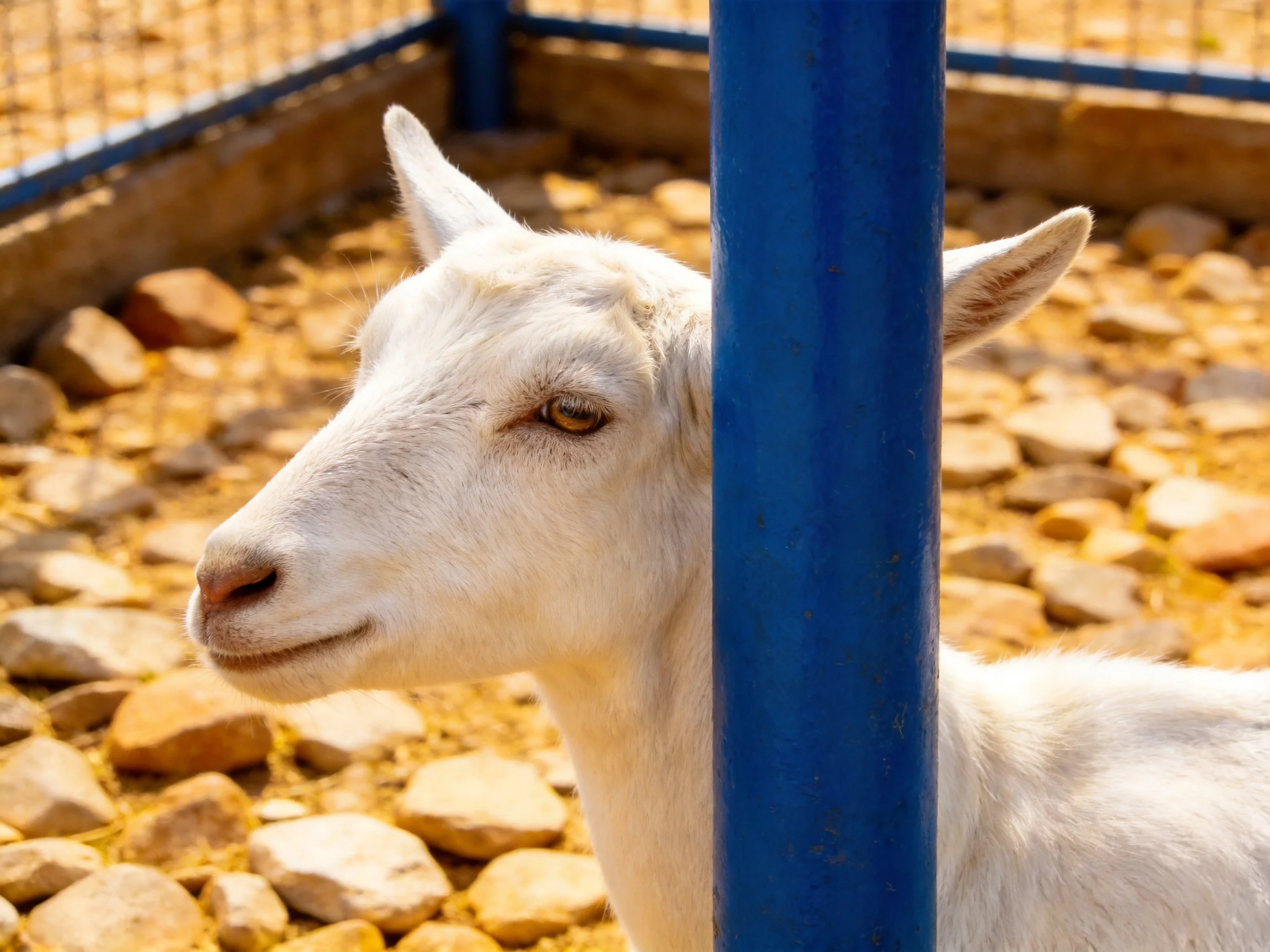 A white goat near a bright blue pole in a rocky enclosure