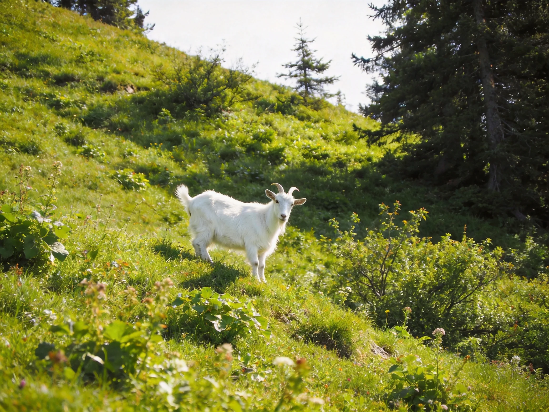 A white goat on a lush green hillside near tall trees
