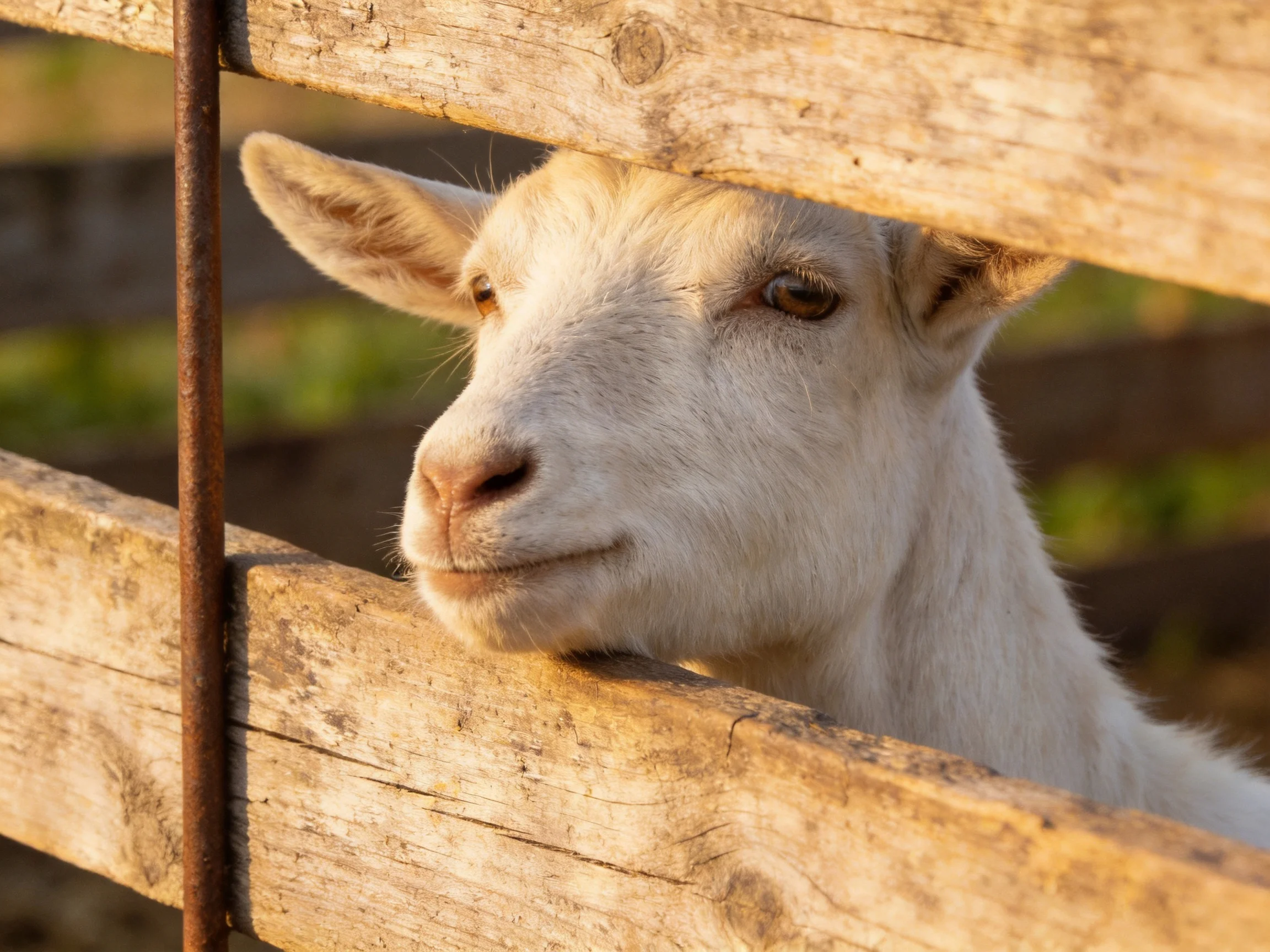 A white goat peeks through weathered wooden planks in golden light