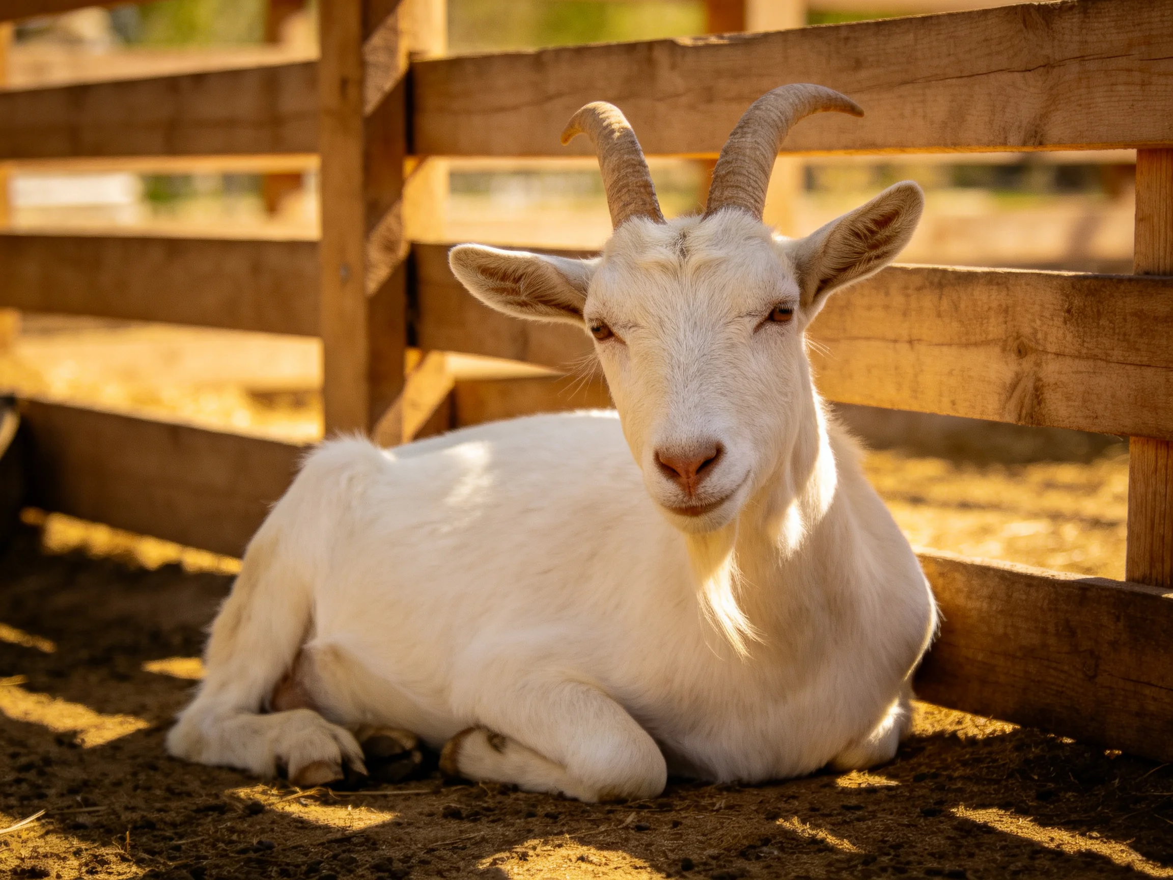 A white goat rests near a wooden fence in golden sunlight
