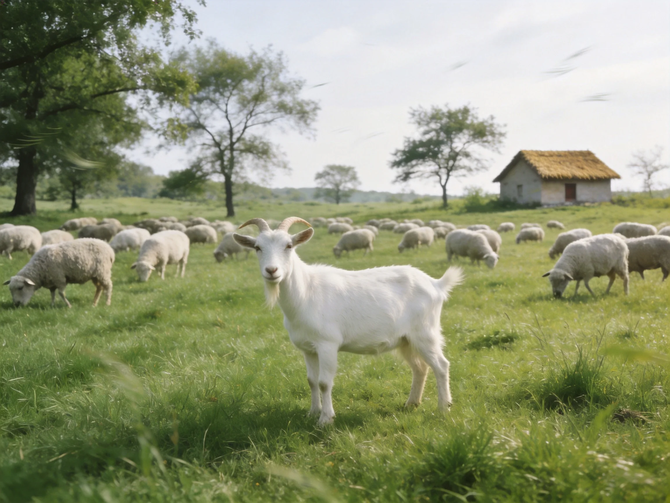 A white goat stands amid sheep in a lush green pasture near a small cottage