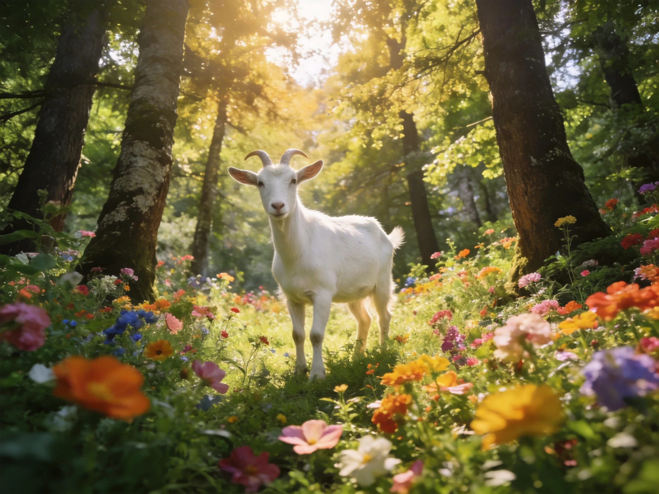 A white goat stands among colorful wildflowers in a sunlit forest