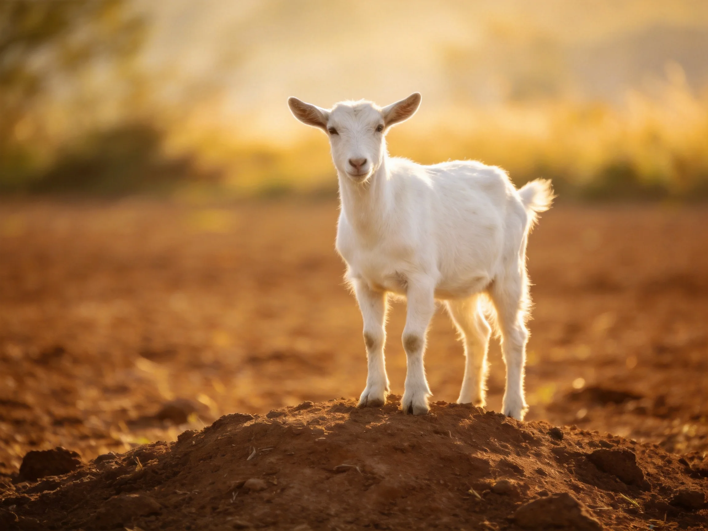 A white goat stands atop a dirt mound in a golden field