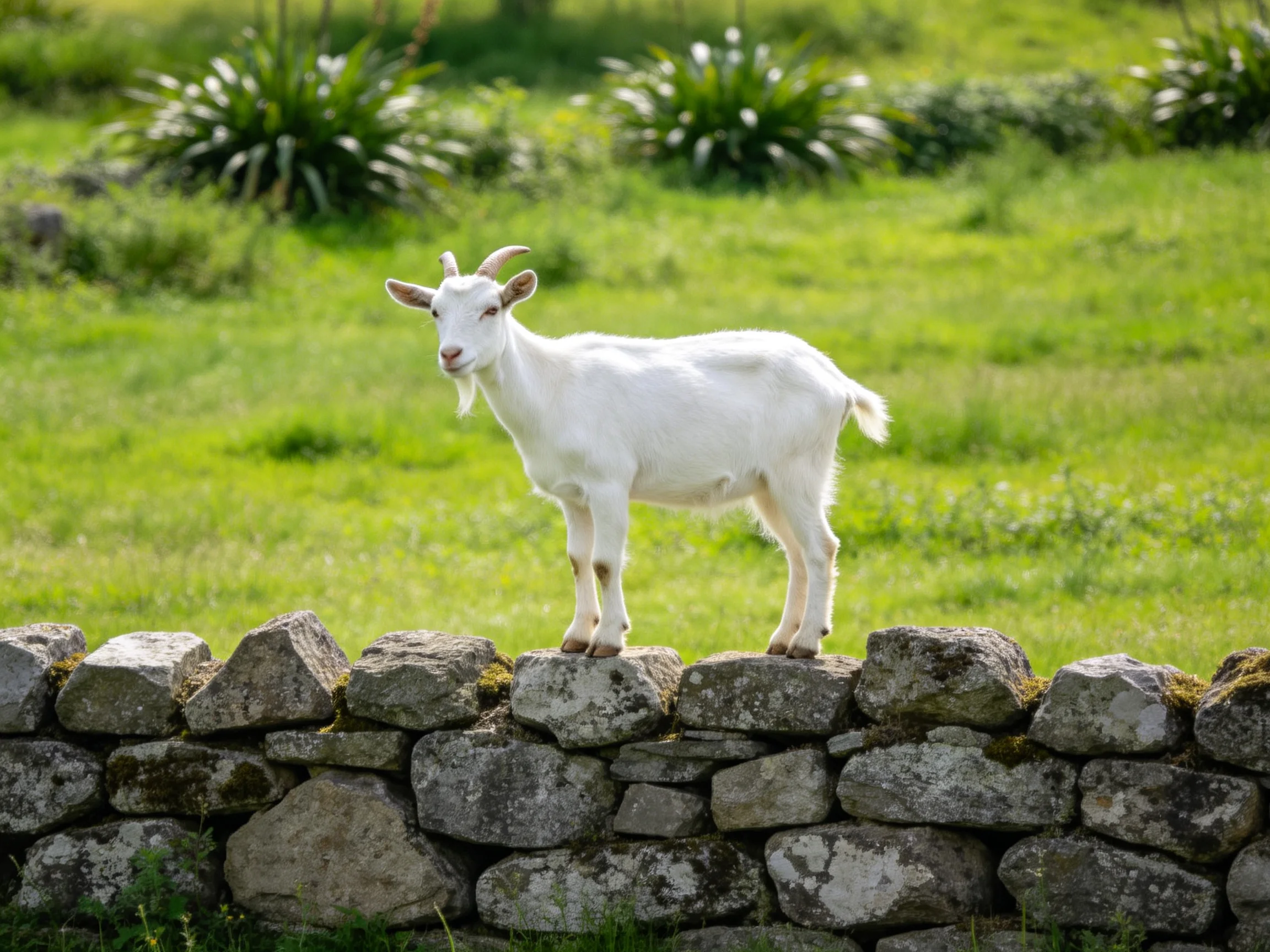 A white goat stands atop a mossy stone wall in a lush green field.