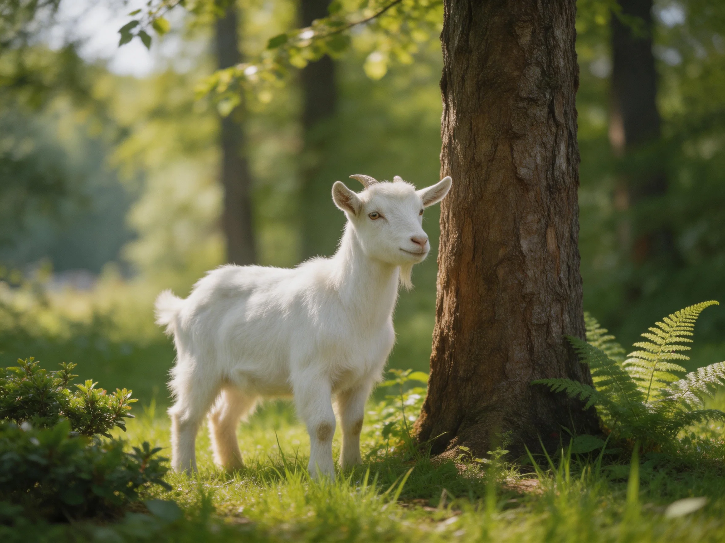 A white goat stands beside a large brown tree trunk in a lush forest