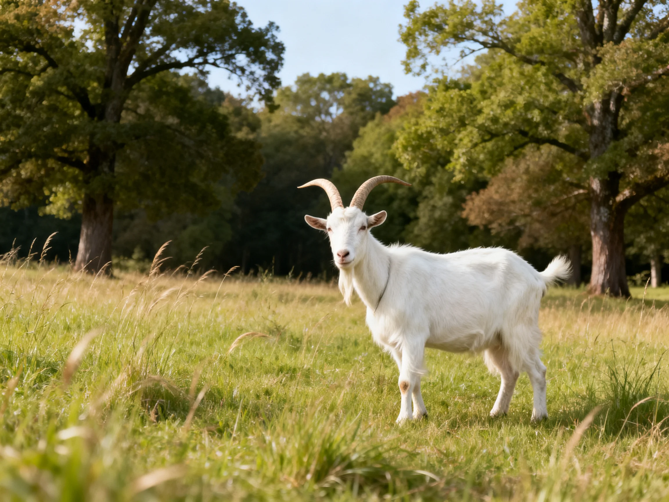 A white goat stands in a sunlit grassy meadow with tall trees