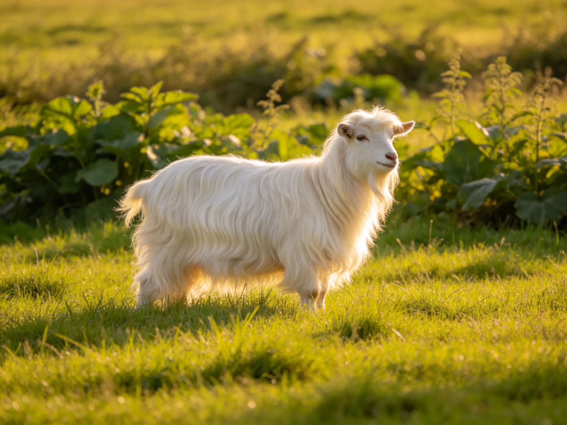 A white goat stands in a sunlit green field