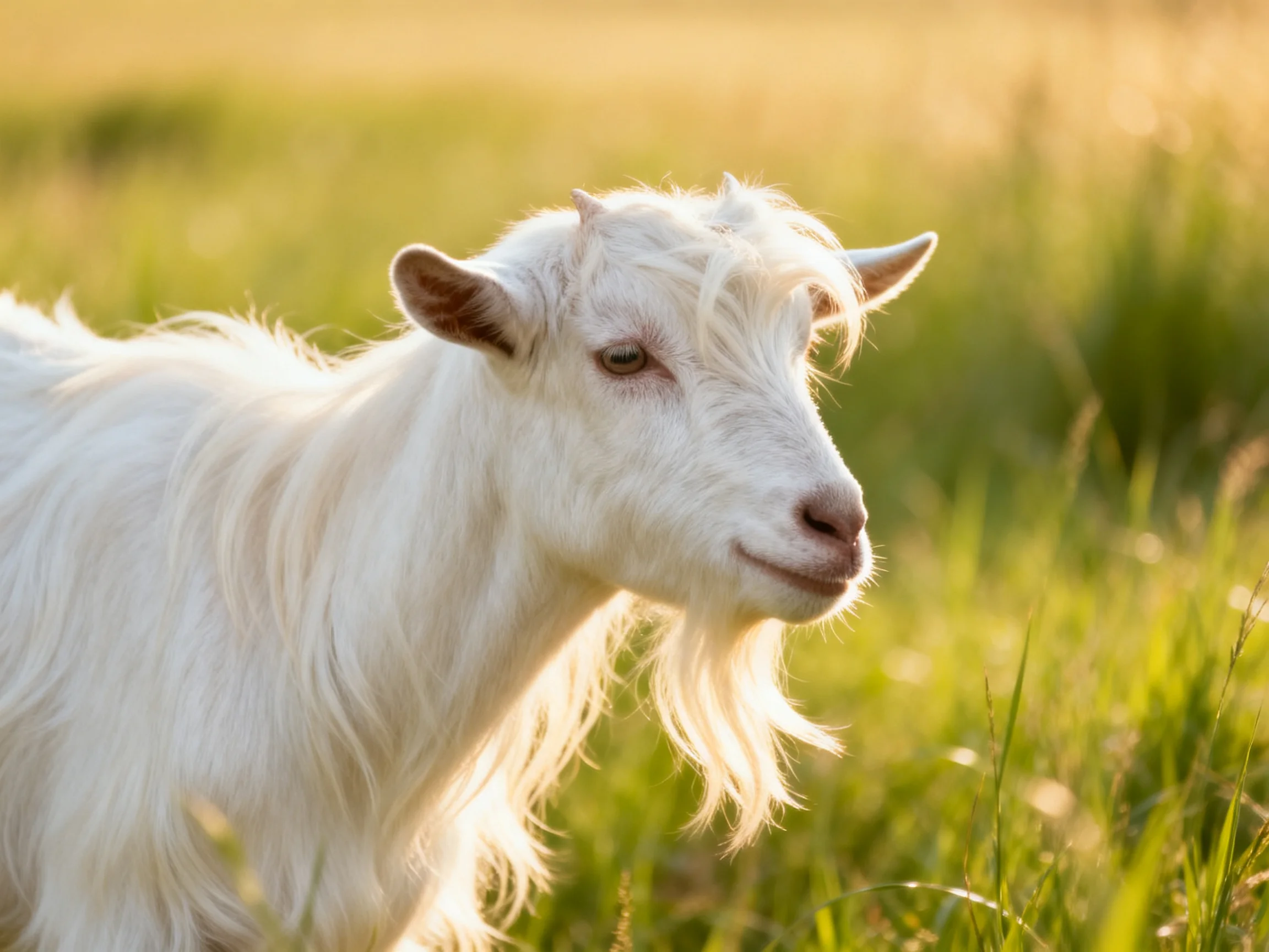 A white goat stands in a sunlit green meadow