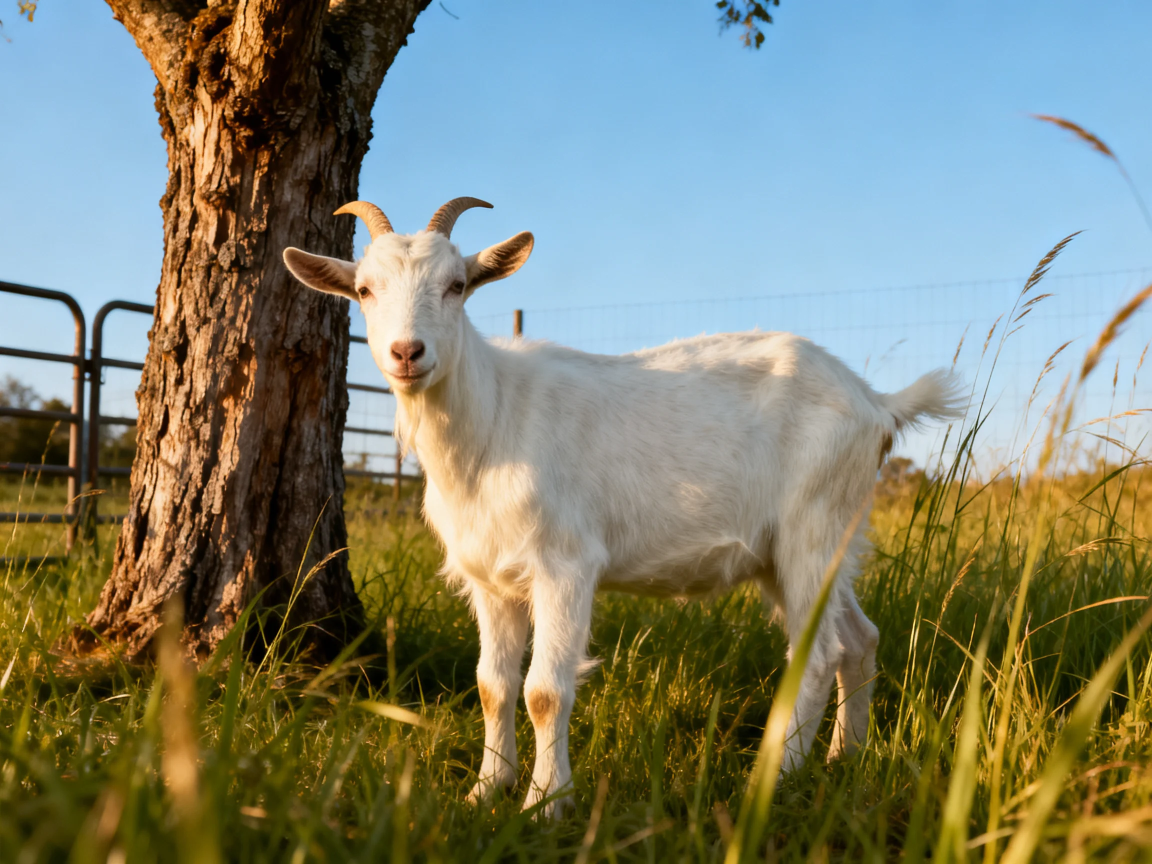 A white goat stands near an old brown tree in tall green grass