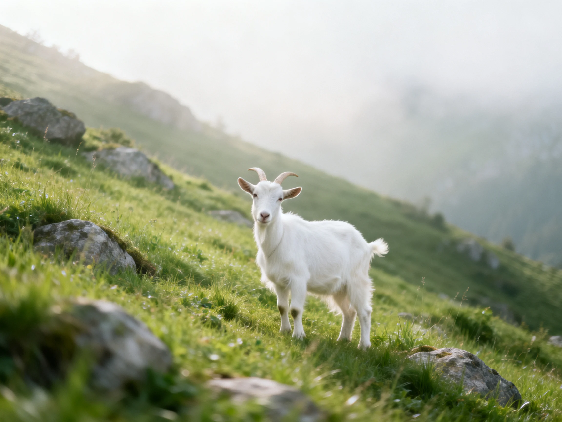 A white goat stands on a grassy hillside with scattered rocks
