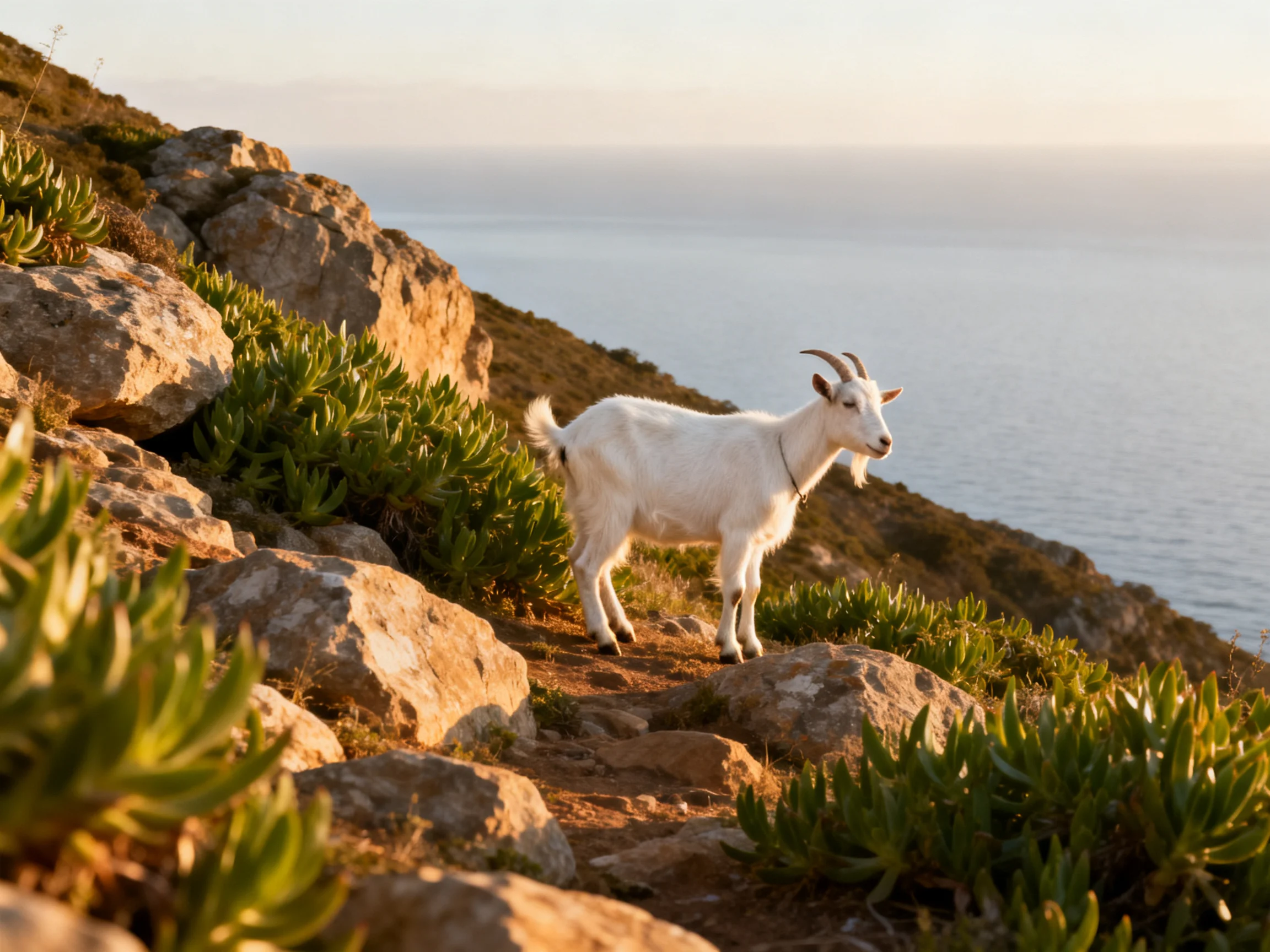A white goat stands on rocky cliffs near the ocean