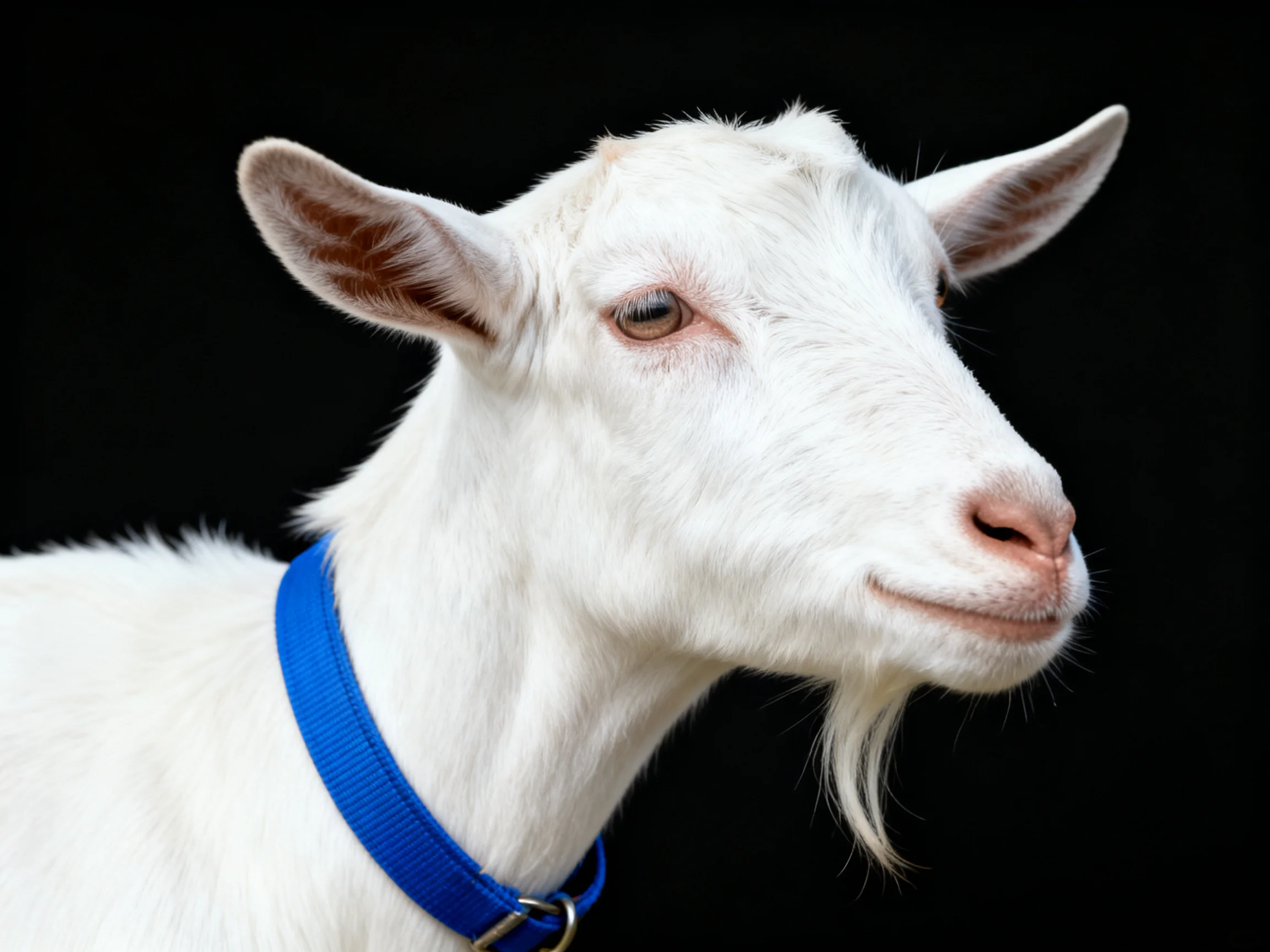 A white goat with a blue collar against a black background