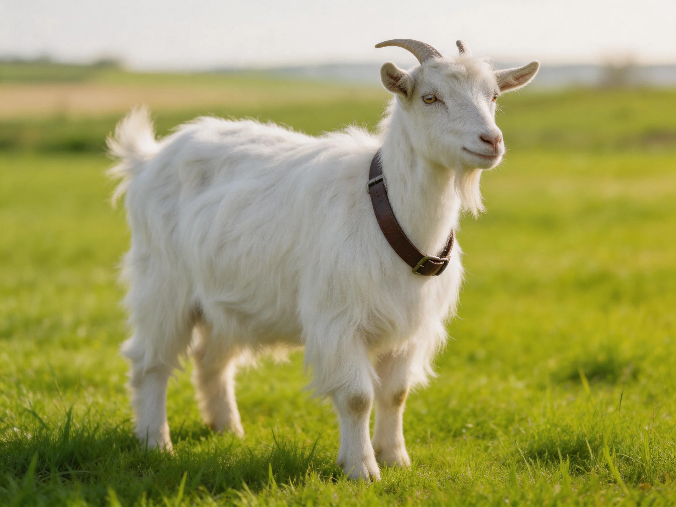 A white goat with a brown collar in a green meadow