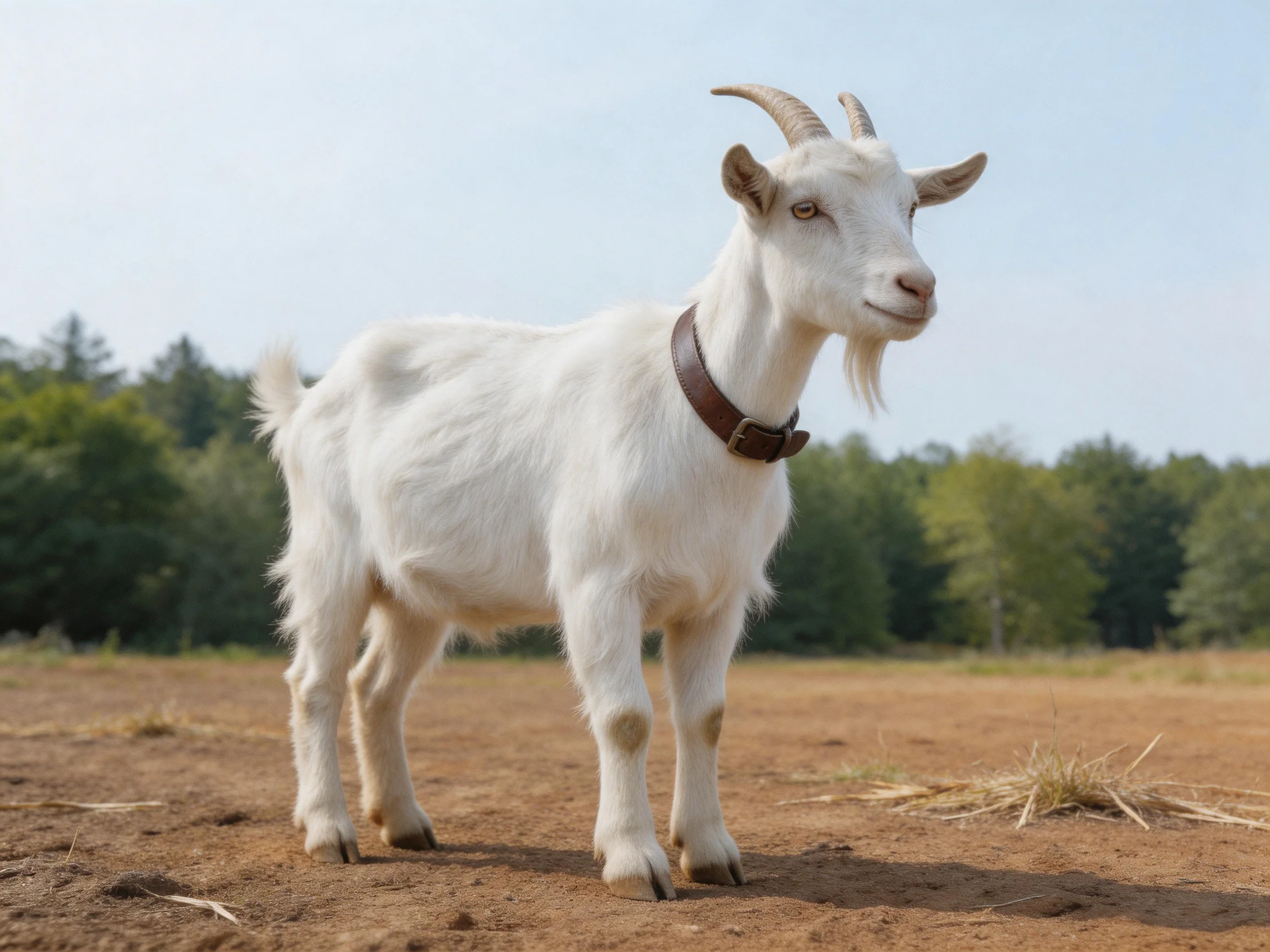 A white goat with a brown collar on a dirt field near green trees