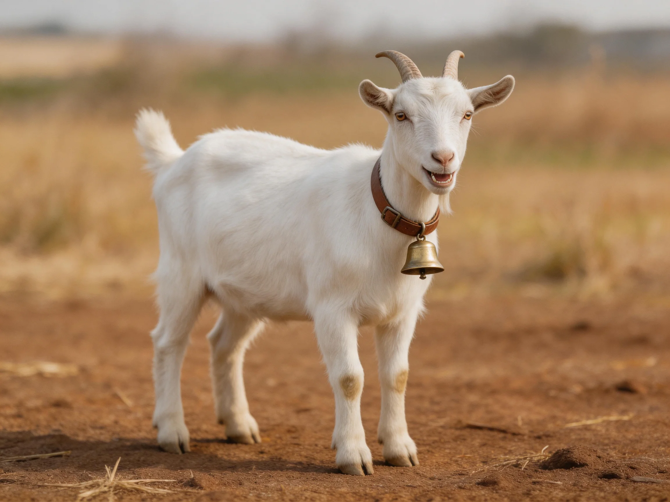 A white goat with a brown collar stands on reddish dirt