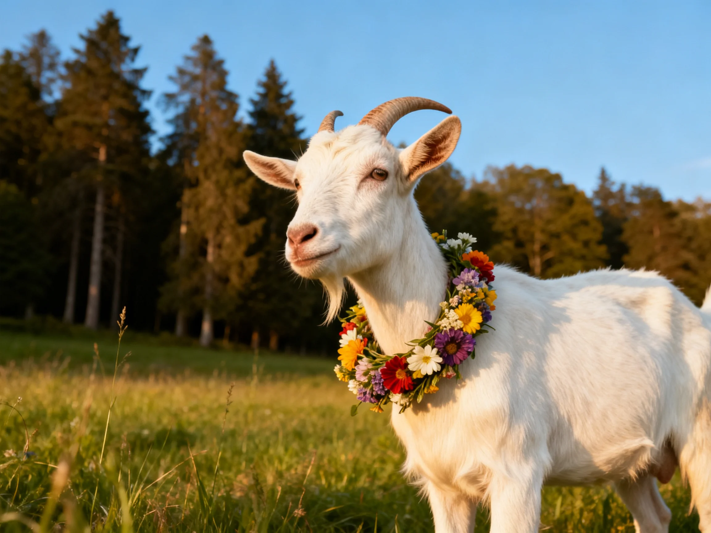 A white goat with a colorful flower wreath in a sunlit meadow
