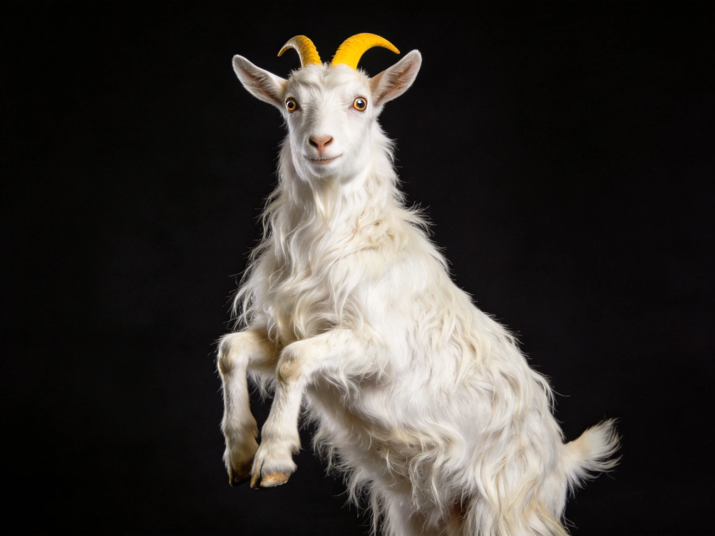 A white goat with bright yellow horns posed on a black backdrop