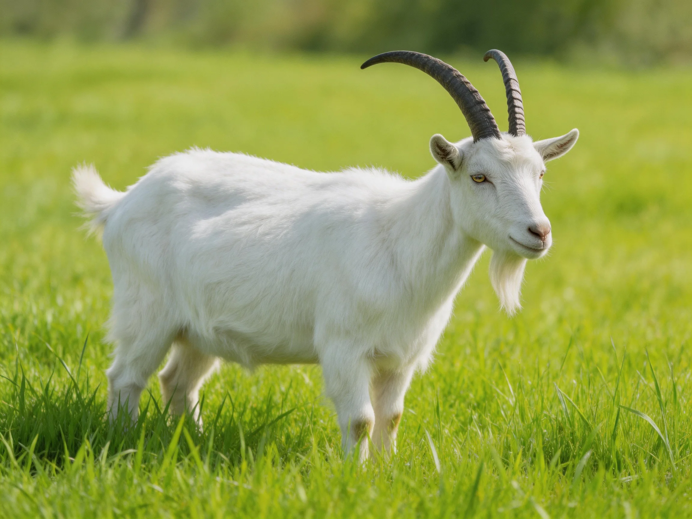 A white goat with curved black horns stands in lush green grass