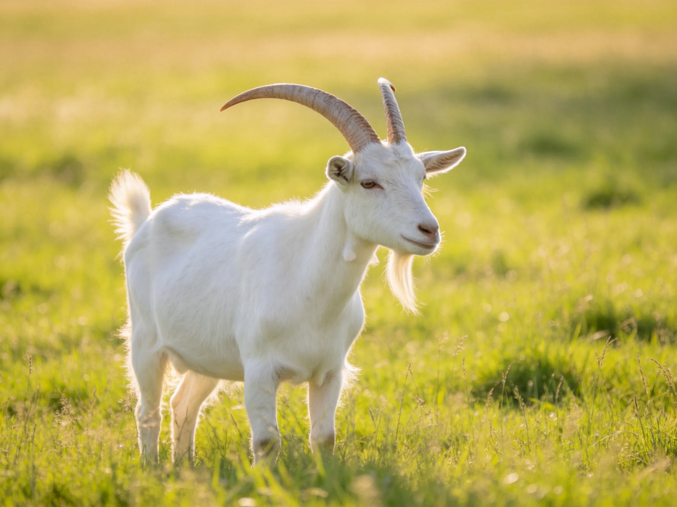A white goat with curved horns in a sunlit meadow