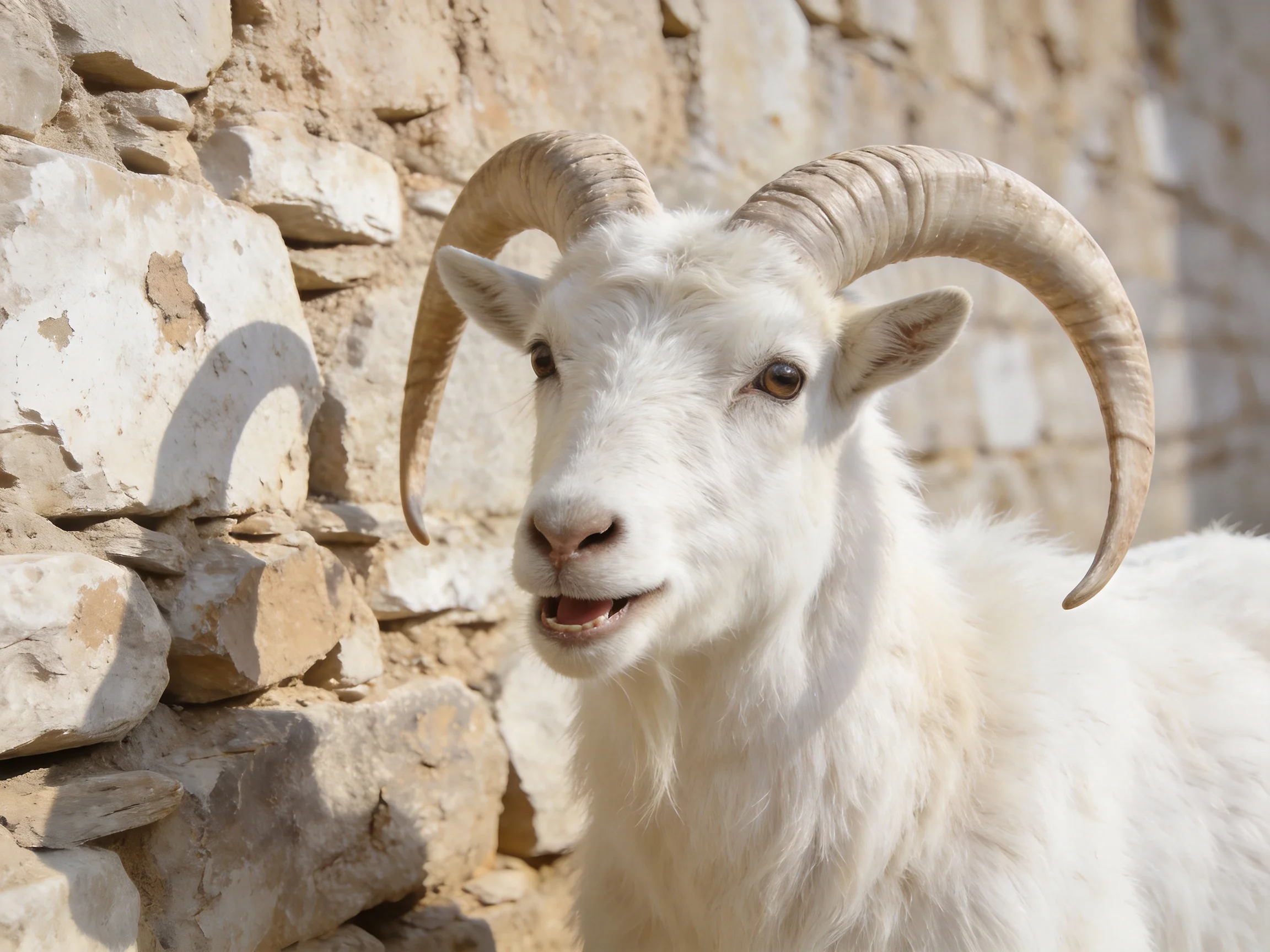 A white goat with curved horns near an aged stone wall