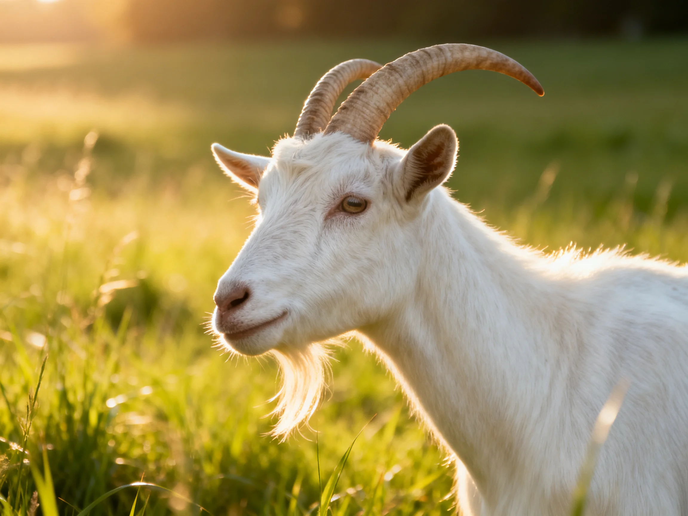 A white goat with curved horns stands in a sunlit grassy field