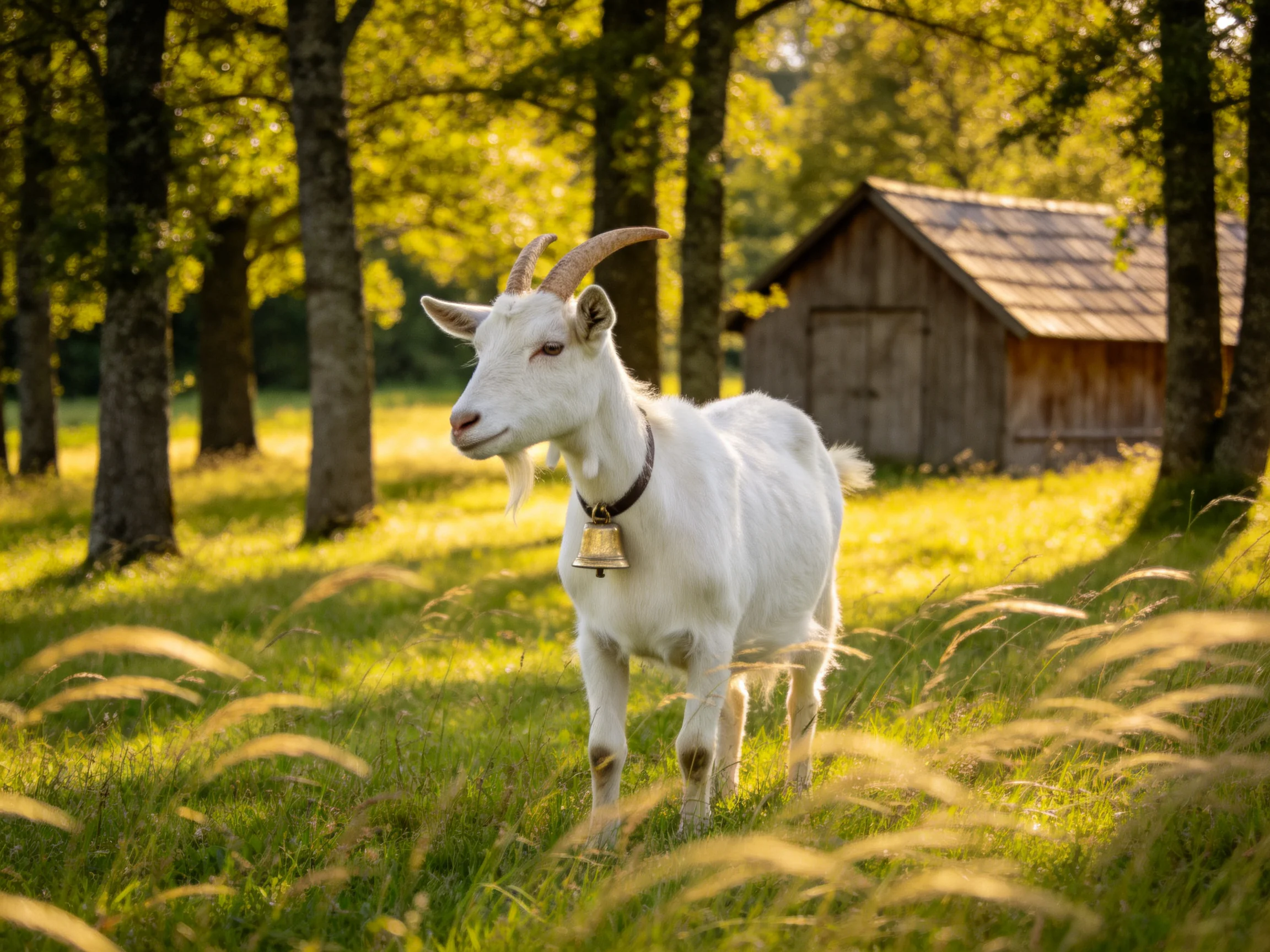 A white goat with curved horns stands in sunlit grass near tall trees